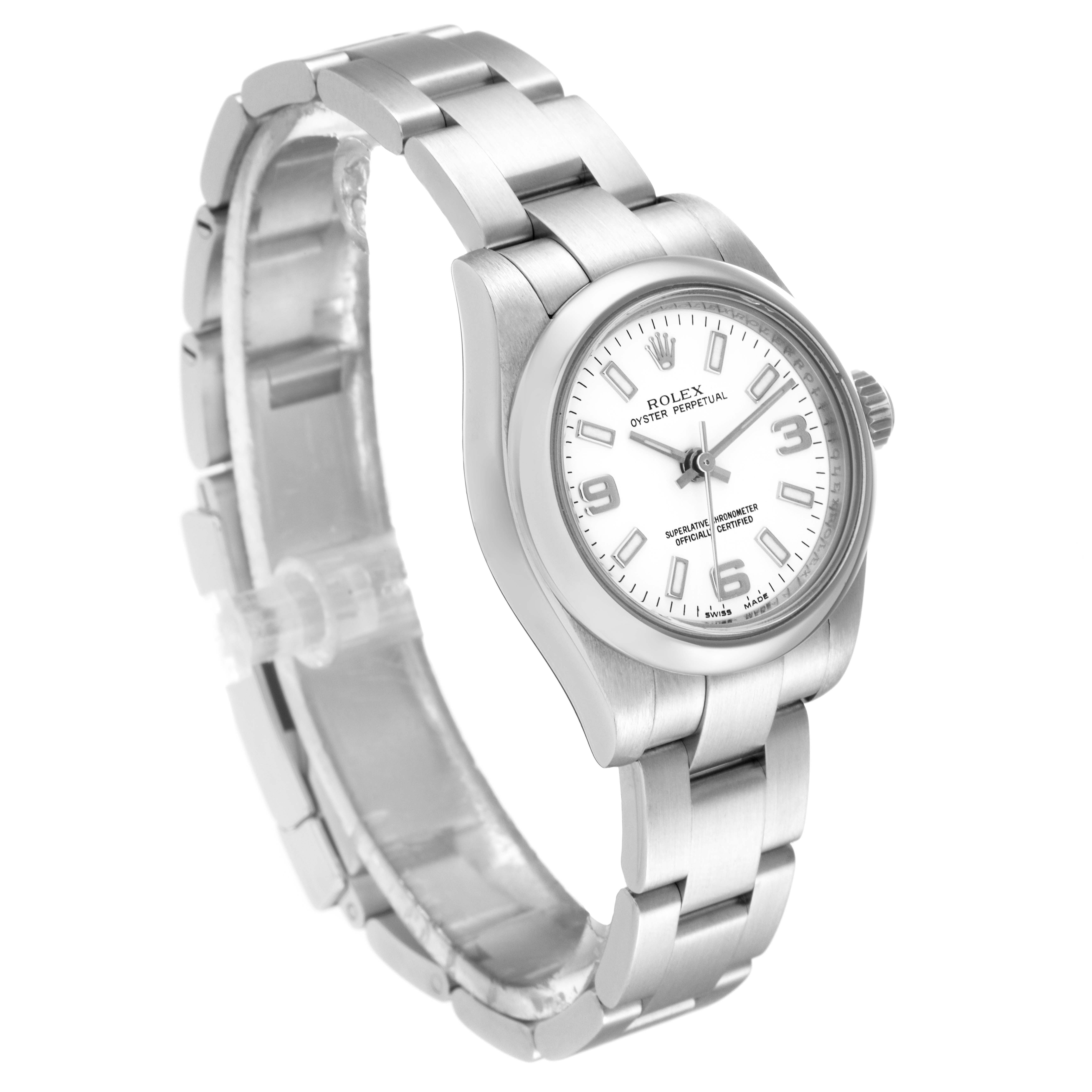 The image shows a Rolex Oyster Perpetual 176200 Women's Stainless Steel White Dial 176200 Women's Stainless Steel White Dial watch, angled to display its face, bezel, and metal bracelet.