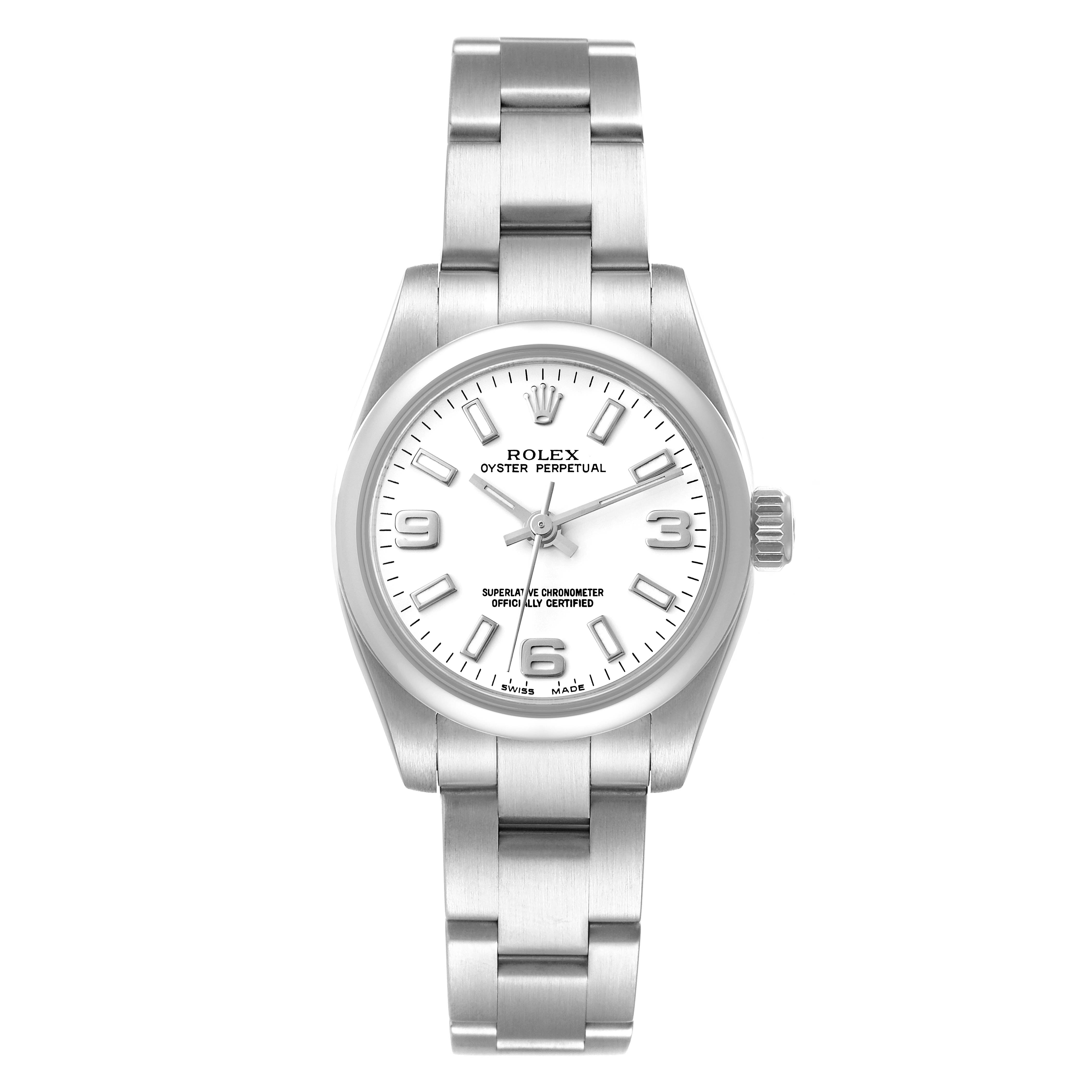 The image shows a front view of a Rolex Oyster Perpetual 176200 Women's Stainless Steel White Dial 176200 Women's Stainless Steel White Dial watch, highlighting its white dial, stainless steel case, and bracelet.