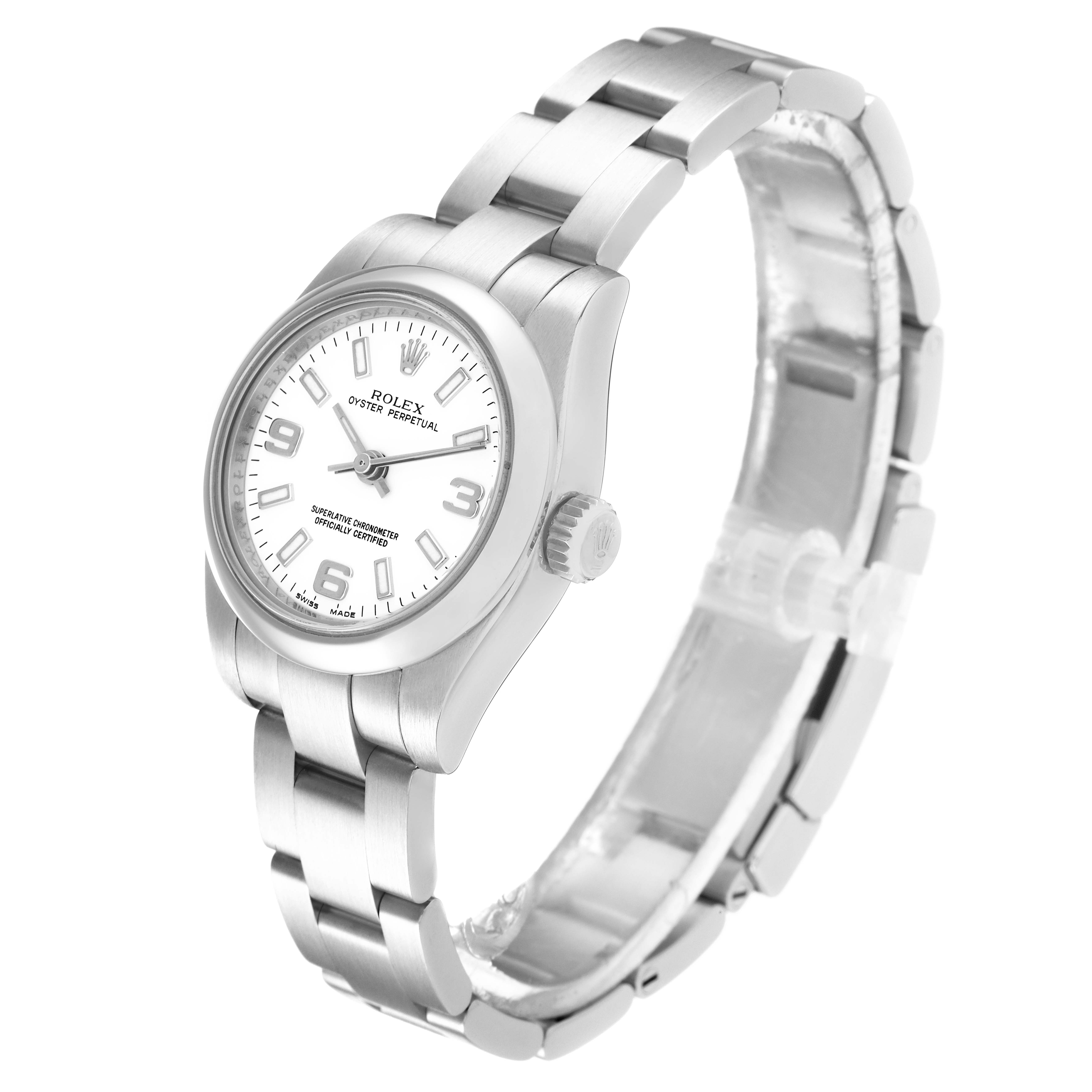 The image shows a Rolex Oyster Perpetual 176200 Women's Stainless Steel White Dial 176200 Women's Stainless Steel White Dial watch from an angled side view, highlighting its face, bezel, and bracelet.