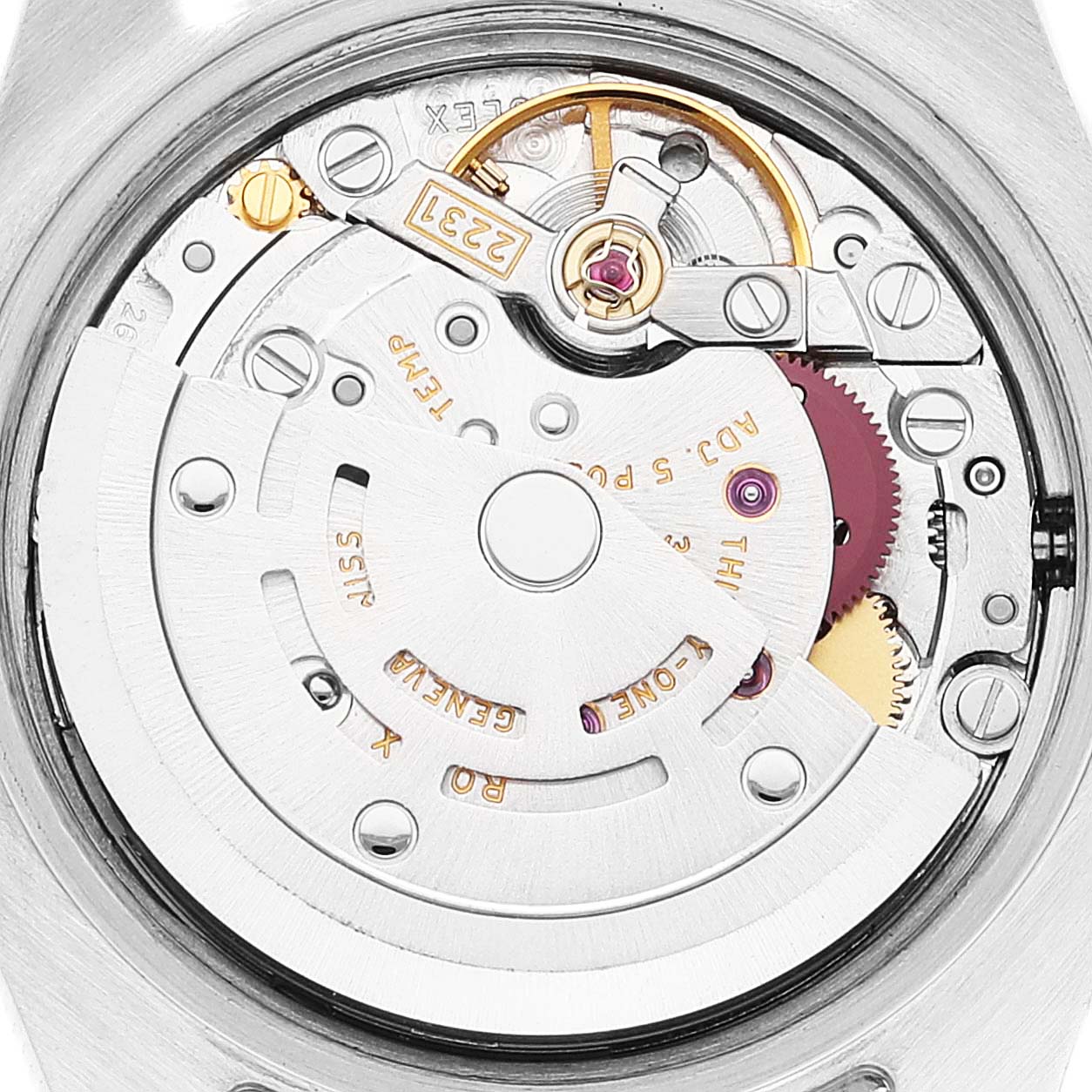 The image shows the intricate inner mechanism of a Rolex Oyster Perpetual 176200 Women
s Stainless Steel Silver Dial 176200 Women
s Stainless Steel Silver Dial watch from a close-up, back angle.