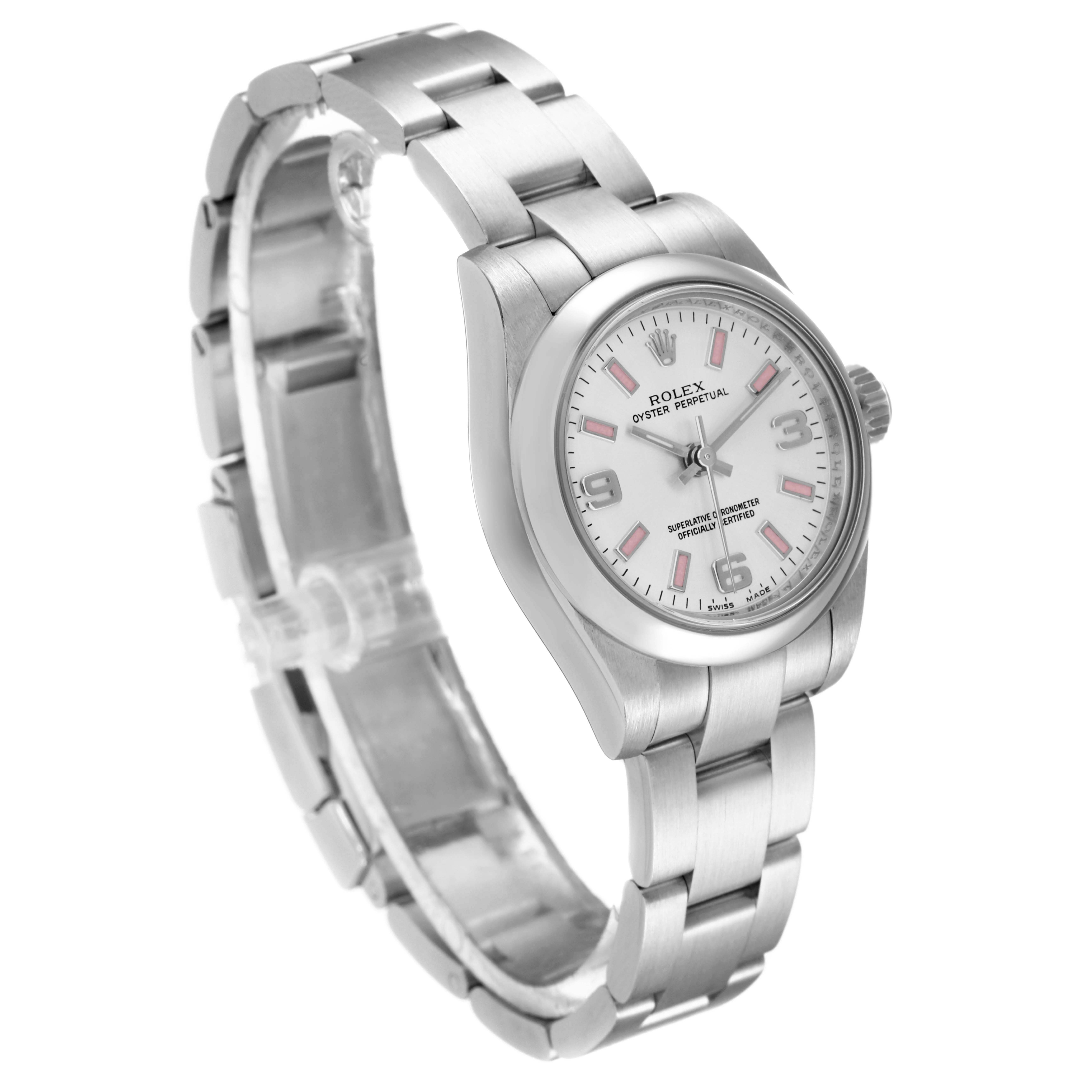 The Rolex Oyster Perpetual 176200 Women
s Stainless Steel Silver Dial 176200 Women
s Stainless Steel Silver Dial watch is viewed at an angled position, showing its face, bracelet, and clasp.
