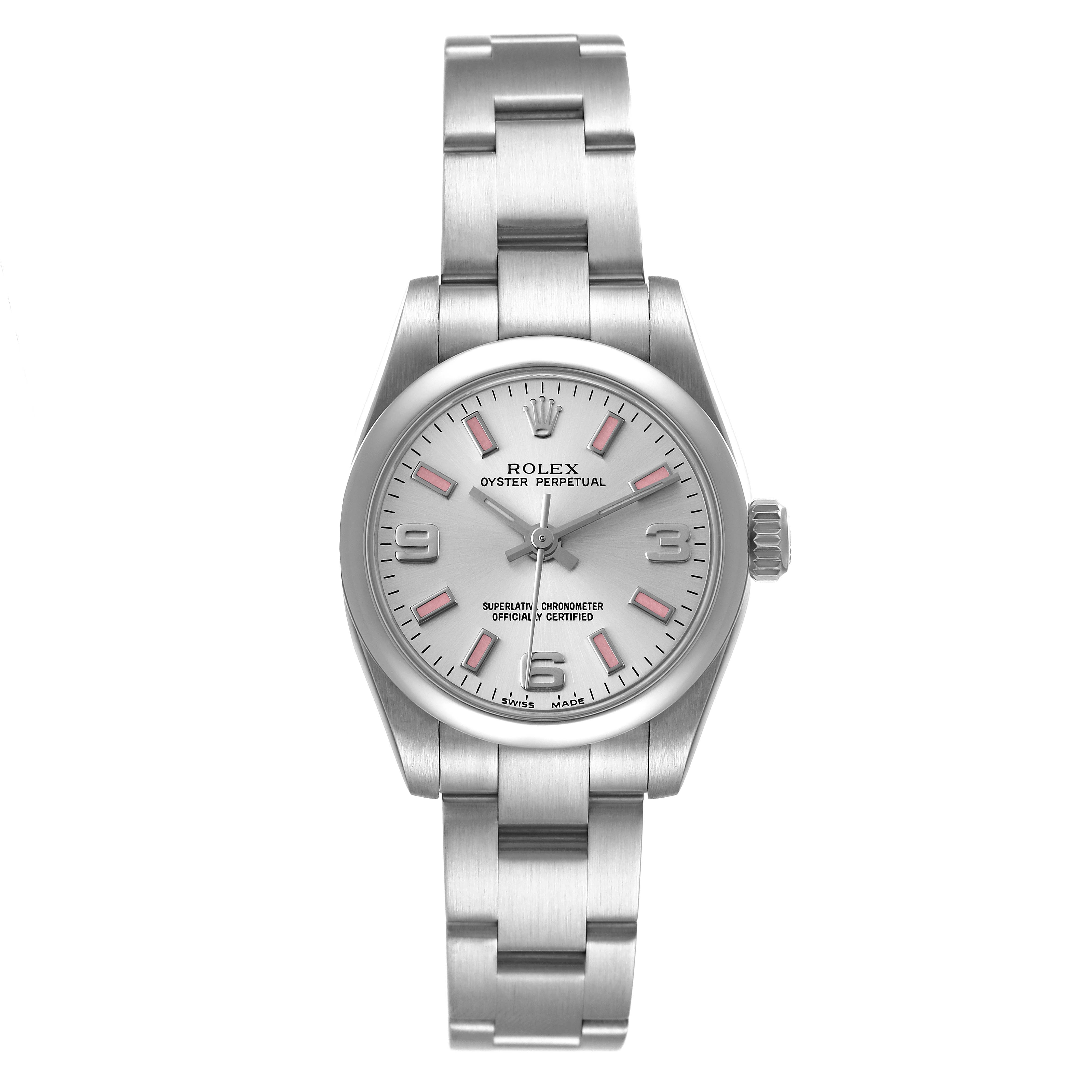The image shows a front view of a Rolex Oyster Perpetual 176200 Women
s Stainless Steel Silver Dial 176200 Women
s Stainless Steel Silver Dial watch, highlighting its dial, bracelet, and crown.