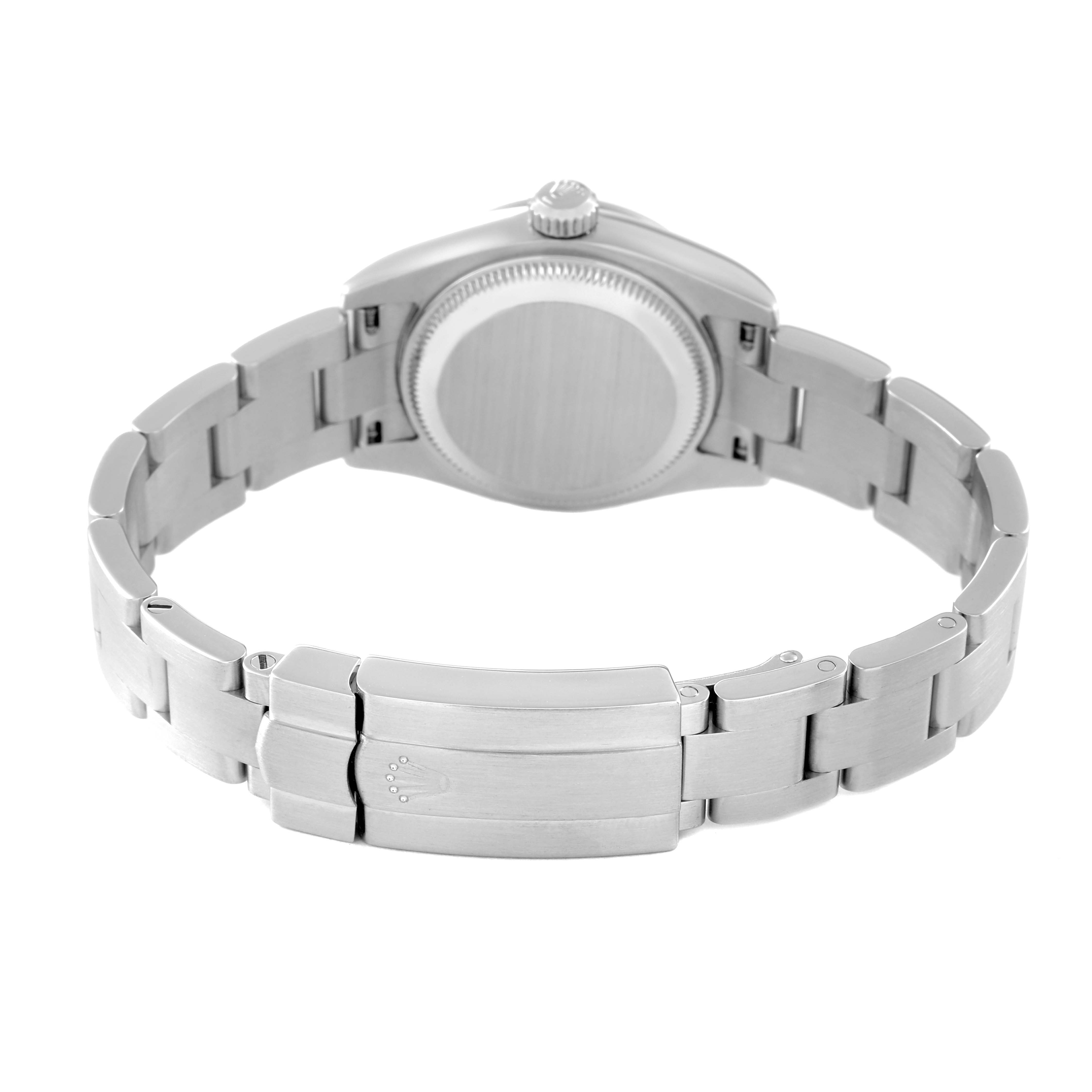 This image shows the back view of a Rolex Oyster Perpetual 176200 Women
s Stainless Steel Silver Dial 176200 Women
s Stainless Steel Silver Dial watch, highlighting the clasp and bracelet.