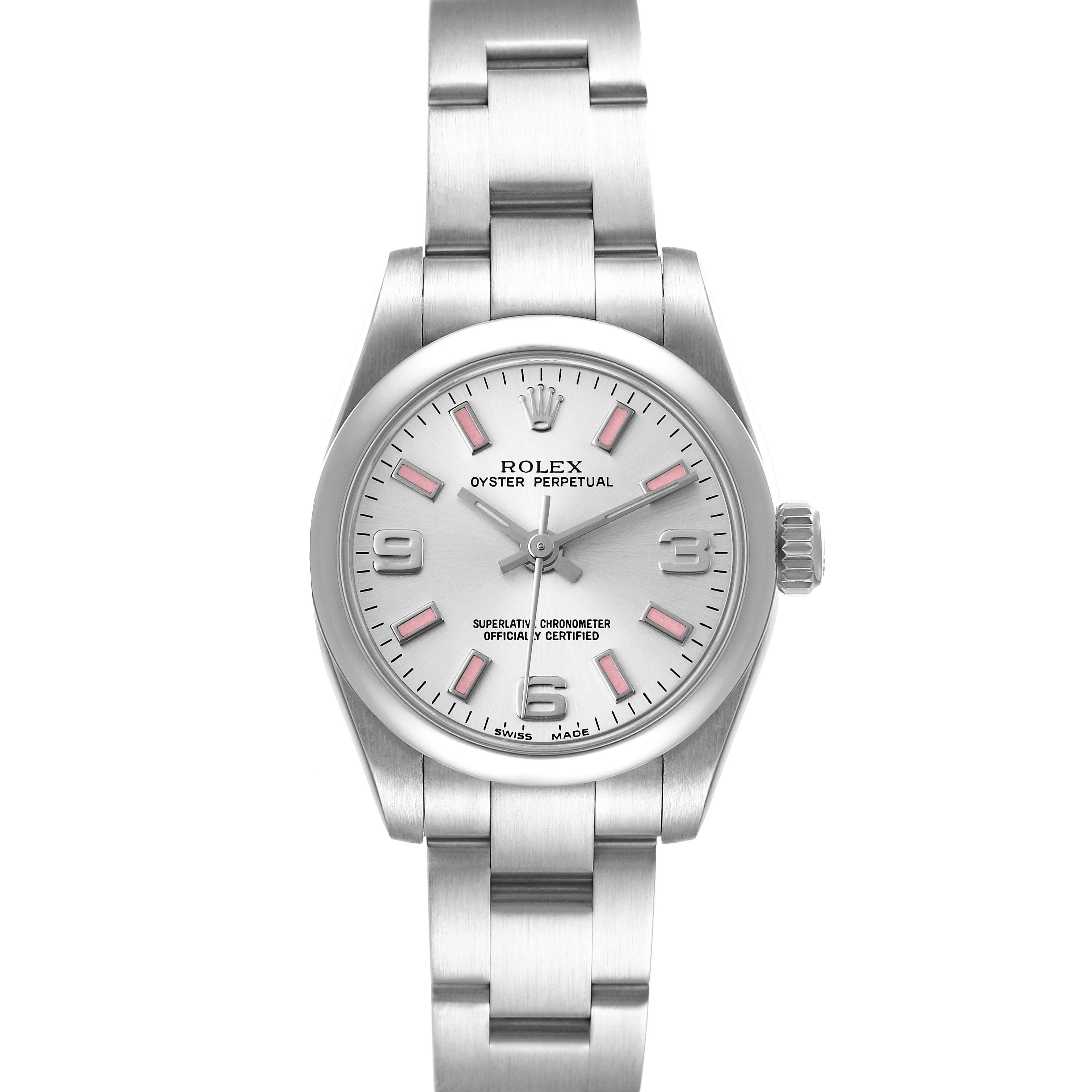 This image shows a front view of a Rolex Oyster Perpetual 176200 Women
s Stainless Steel Silver Dial 176200 Women
s Stainless Steel Silver Dial watch, displaying its face, bezel, and part of the bracelet.