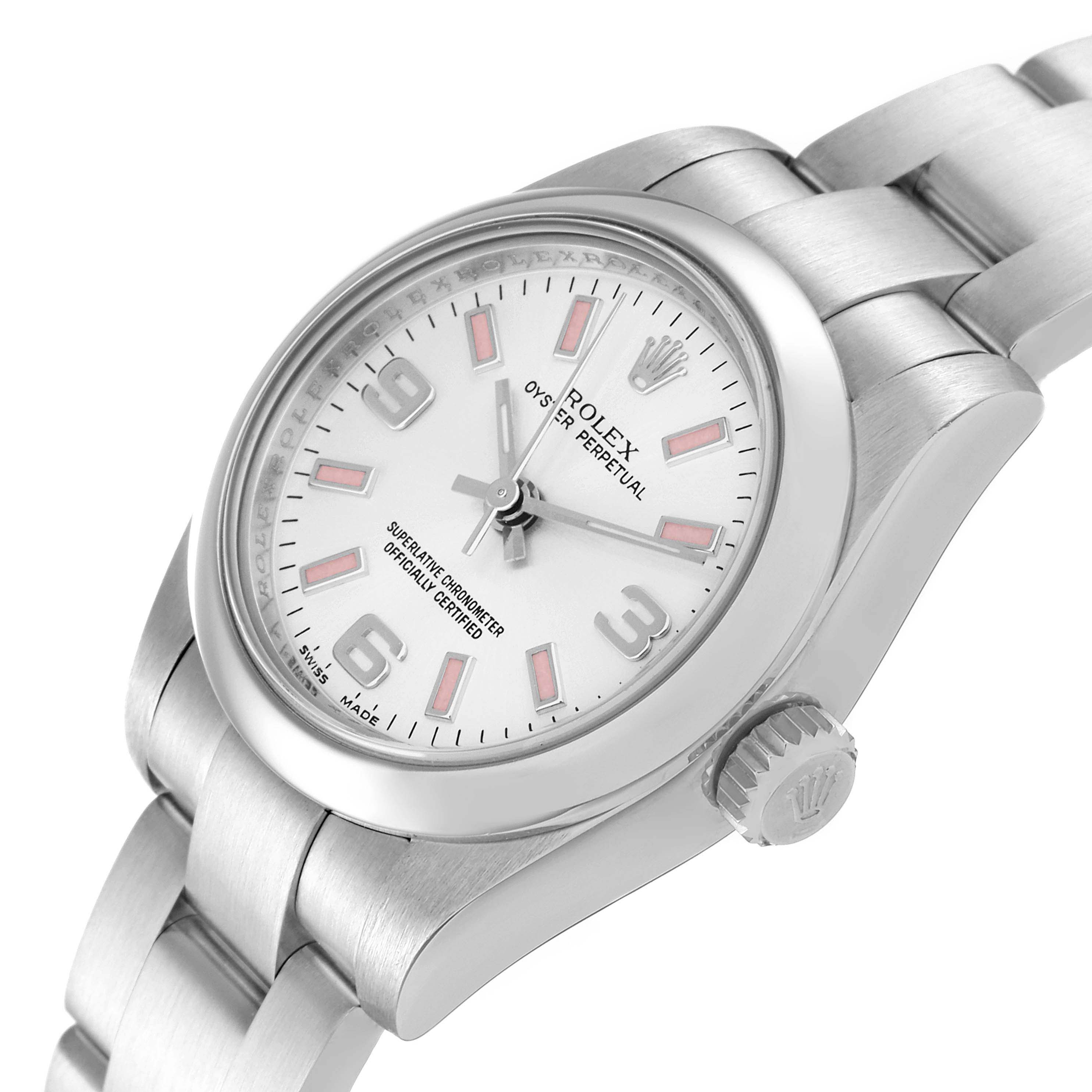 This image shows a side view angle of a Rolex Oyster Perpetual 176200 Women
s Stainless Steel Silver Dial 176200 Women
s Stainless Steel Silver Dial watch, highlighting its face, bezel, and crown.