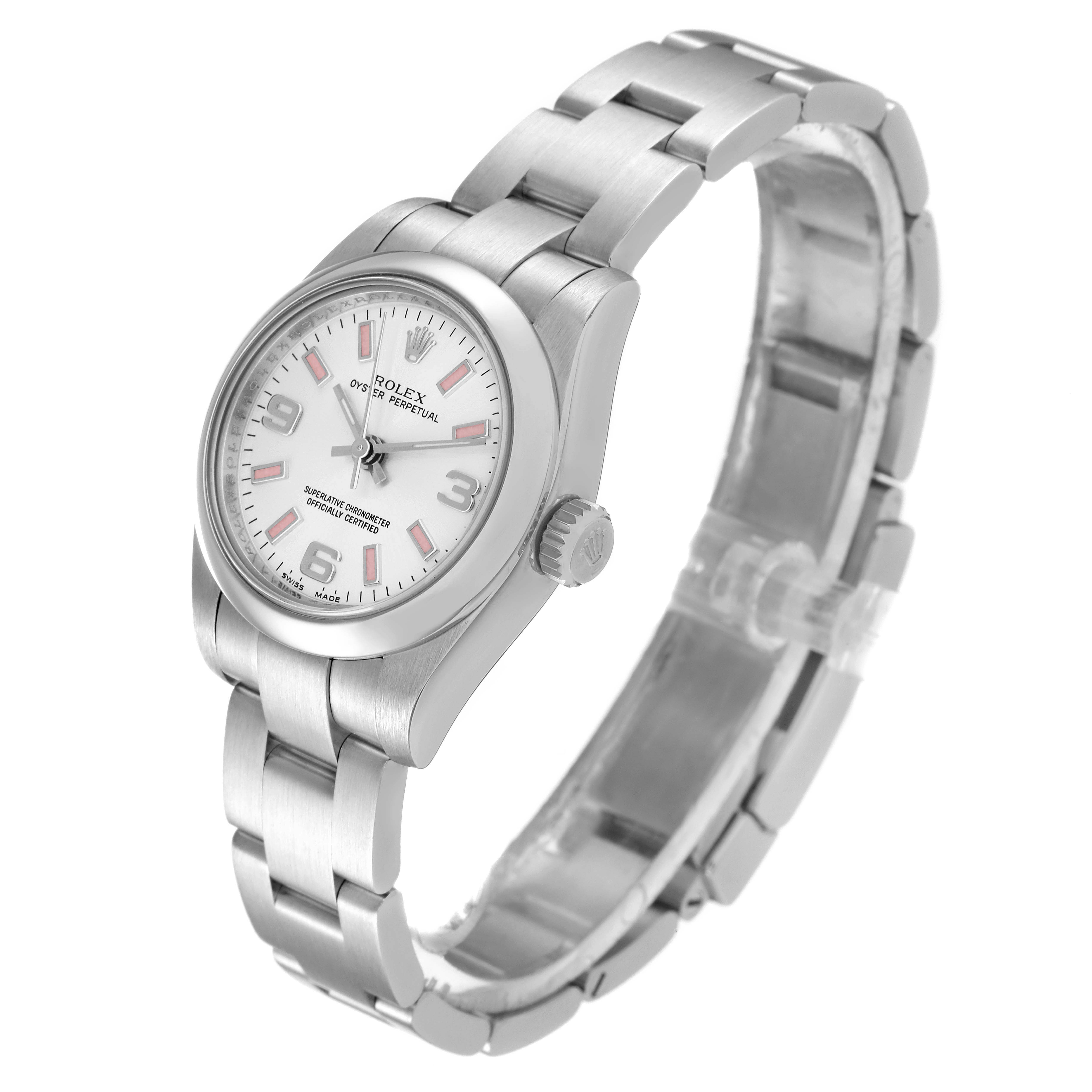 The image shows a side and front angle of a Rolex Oyster Perpetual 176200 Women
s Stainless Steel Silver Dial 176200 Women
s Stainless Steel Silver Dial watch, highlighting the face, crown, and bracelet.