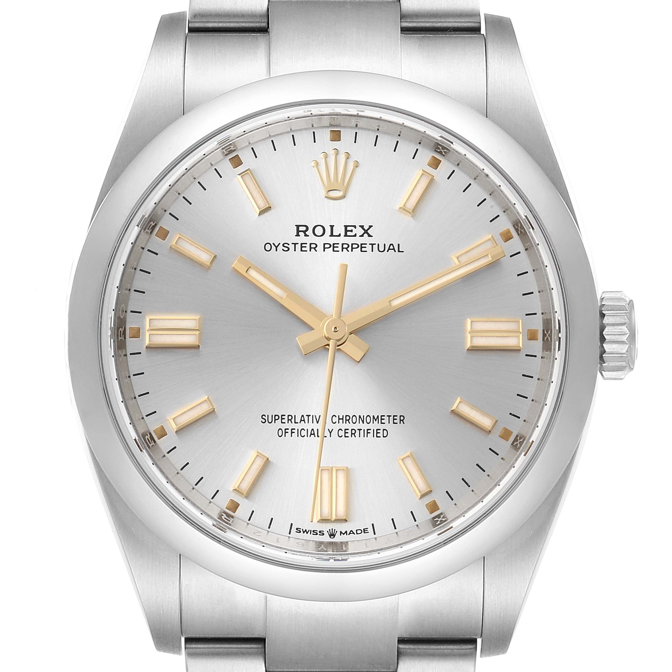 This image shows a front view of the Rolex Oyster Perpetual 126000 Men's Stainless Steel Silver Dial 126000 Men's Stainless Steel Silver Dial watch, highlighting its dial, hands, and markers.