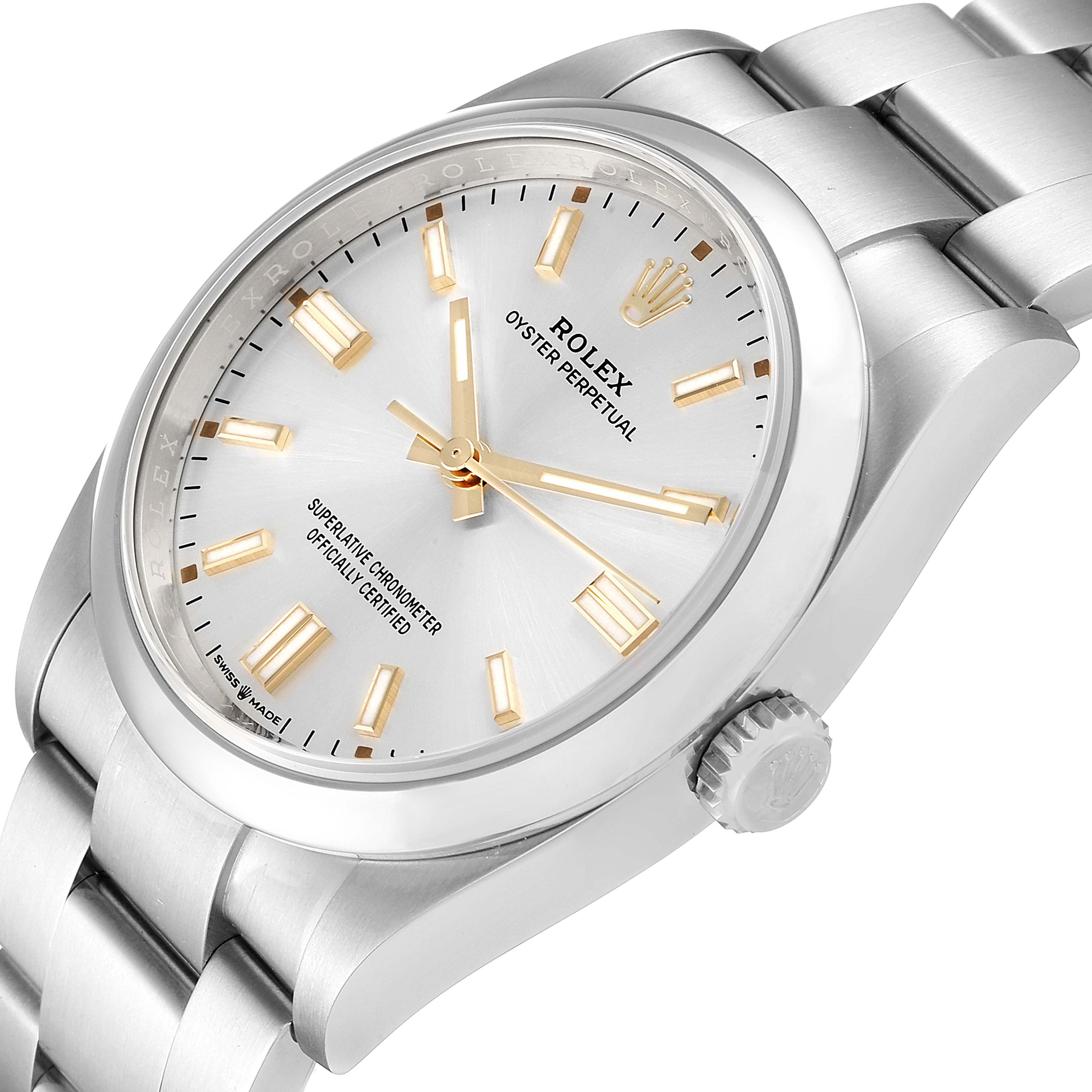 This image shows a tilted view of the face, bezel, and bracelet of the Rolex Oyster Perpetual 126000 Men's Stainless Steel Silver Dial 126000 Men's Stainless Steel Silver Dial watch.
