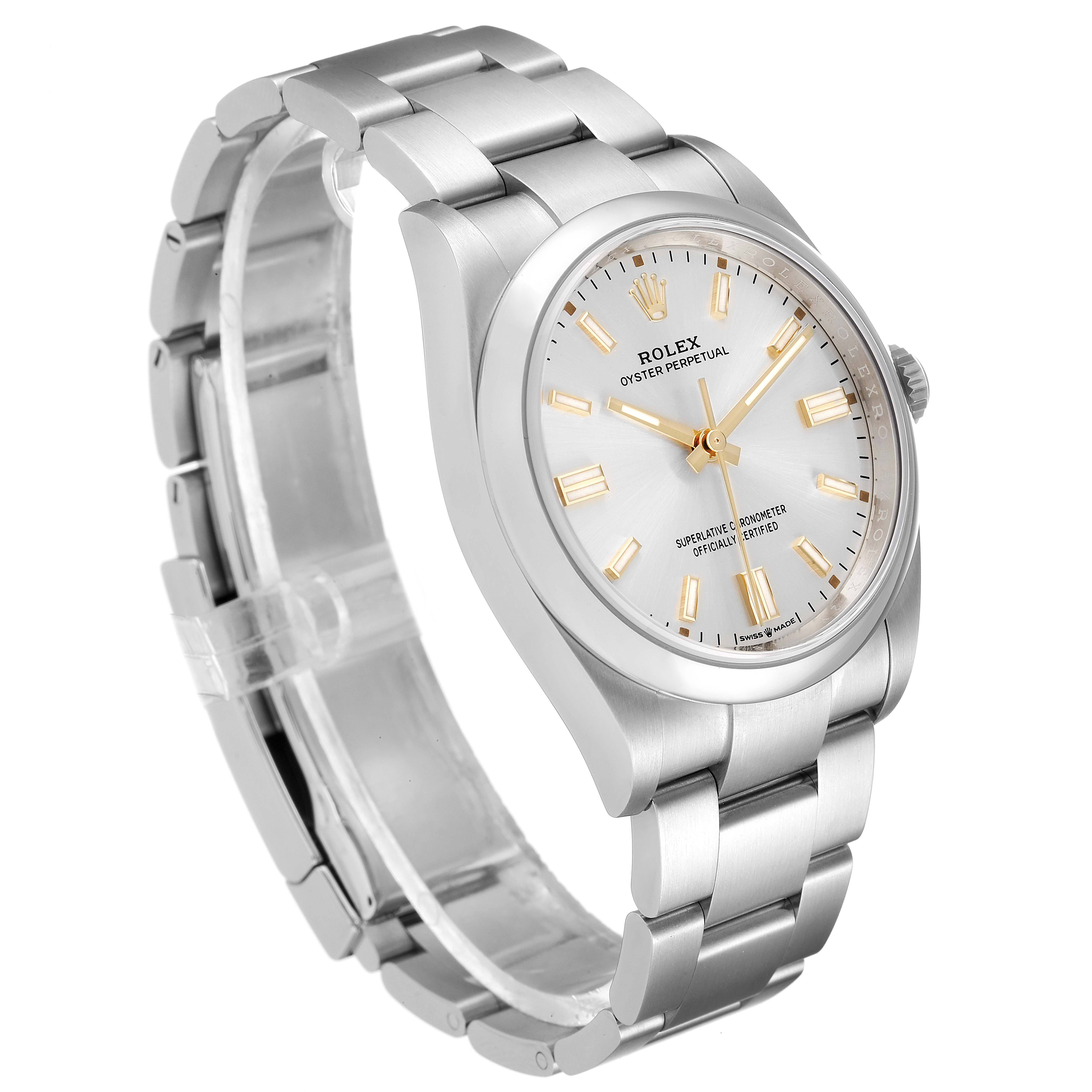 The Rolex Oyster Perpetual 126000 Men's Stainless Steel Silver Dial 126000 Men's Stainless Steel Silver Dial watch is shown at an angled side view, highlighting the dial, bezel, and bracelet.