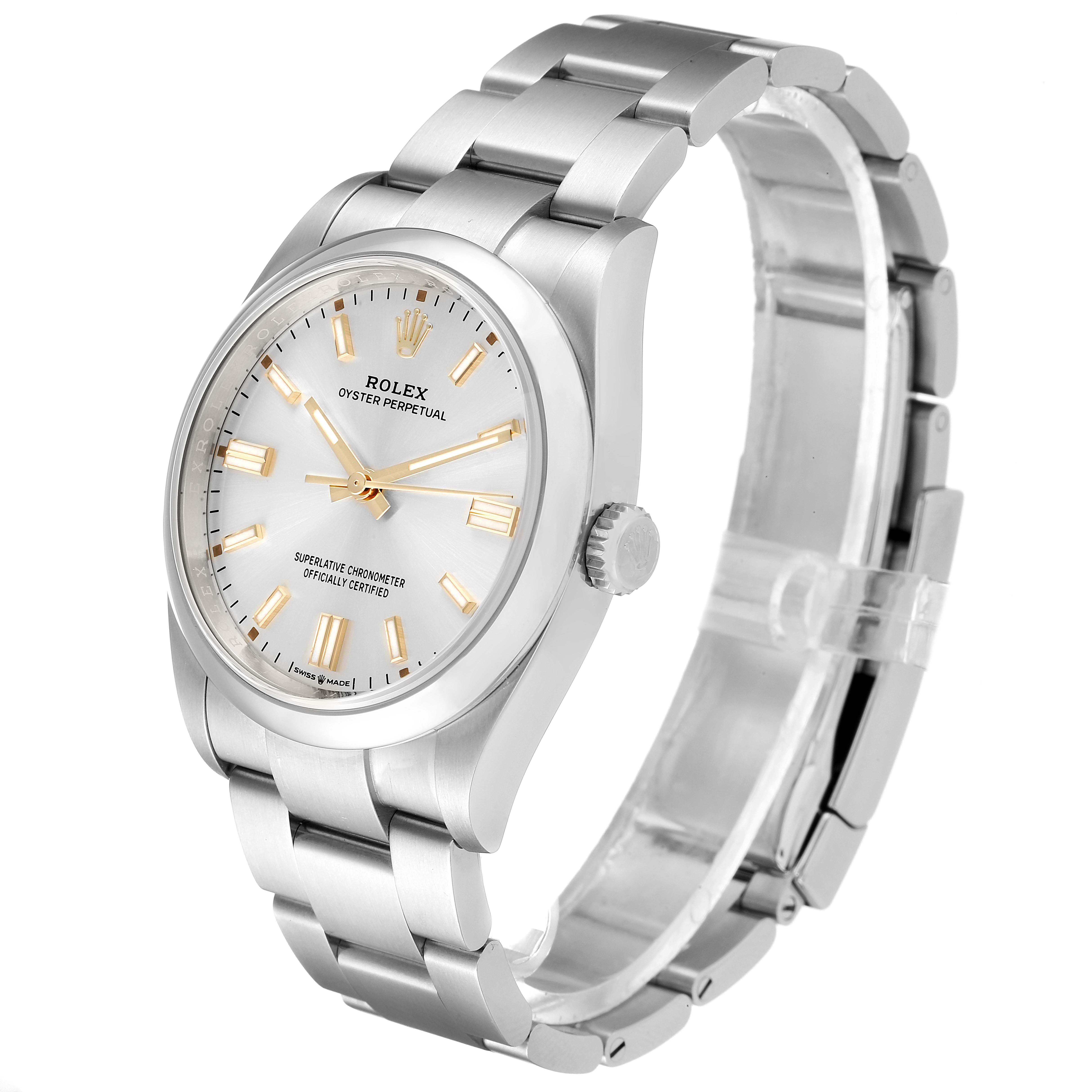The Rolex Oyster Perpetual 126000 Men's Stainless Steel Silver Dial 126000 Men's Stainless Steel Silver Dial watch is shown at a slight side angle, featuring its dial, bezel, and bracelet.