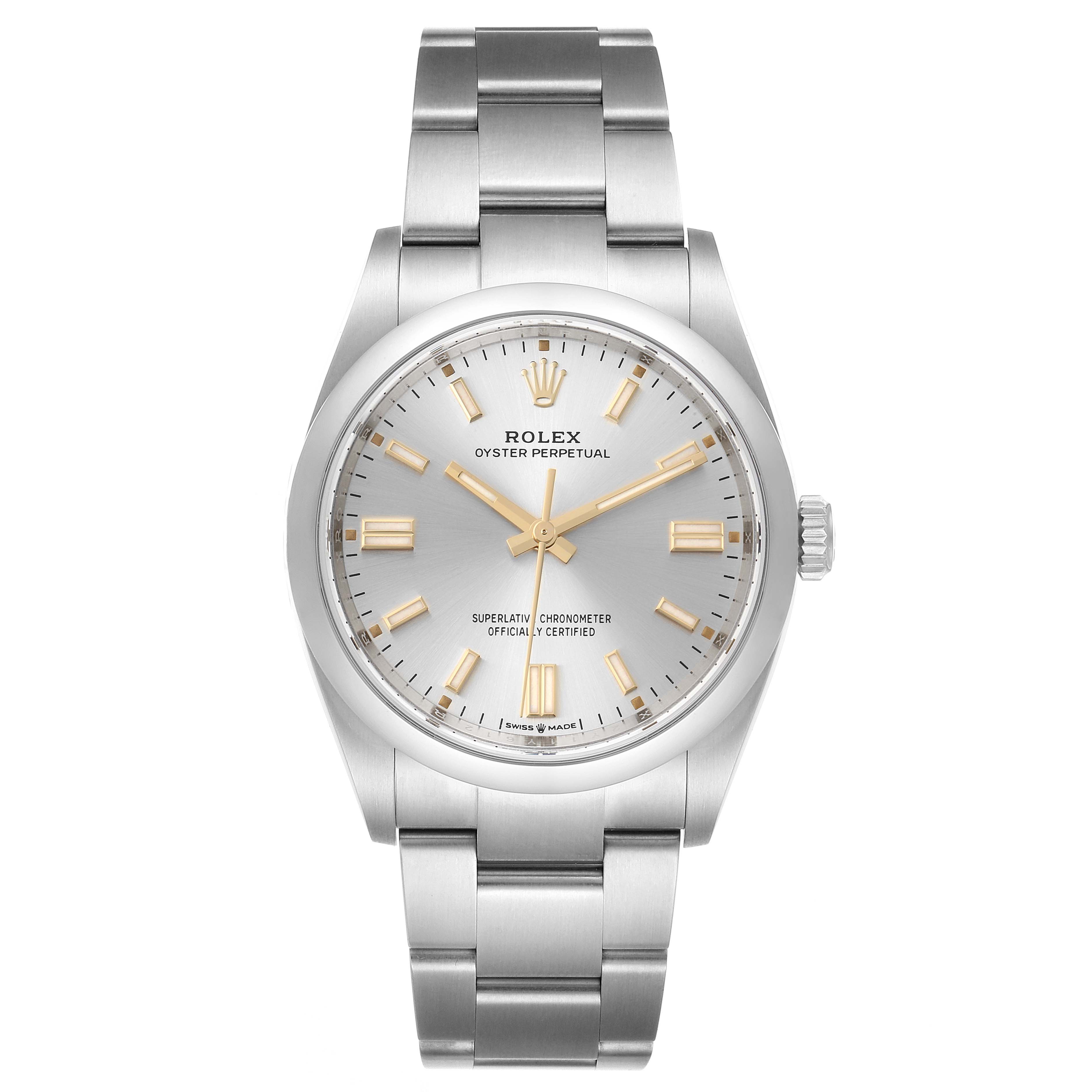 This image shows a front view of the Rolex Oyster Perpetual 126000 Men's Stainless Steel Silver Dial 126000 Men's Stainless Steel Silver Dial watch including the dial, hands, bracelet, and crown.