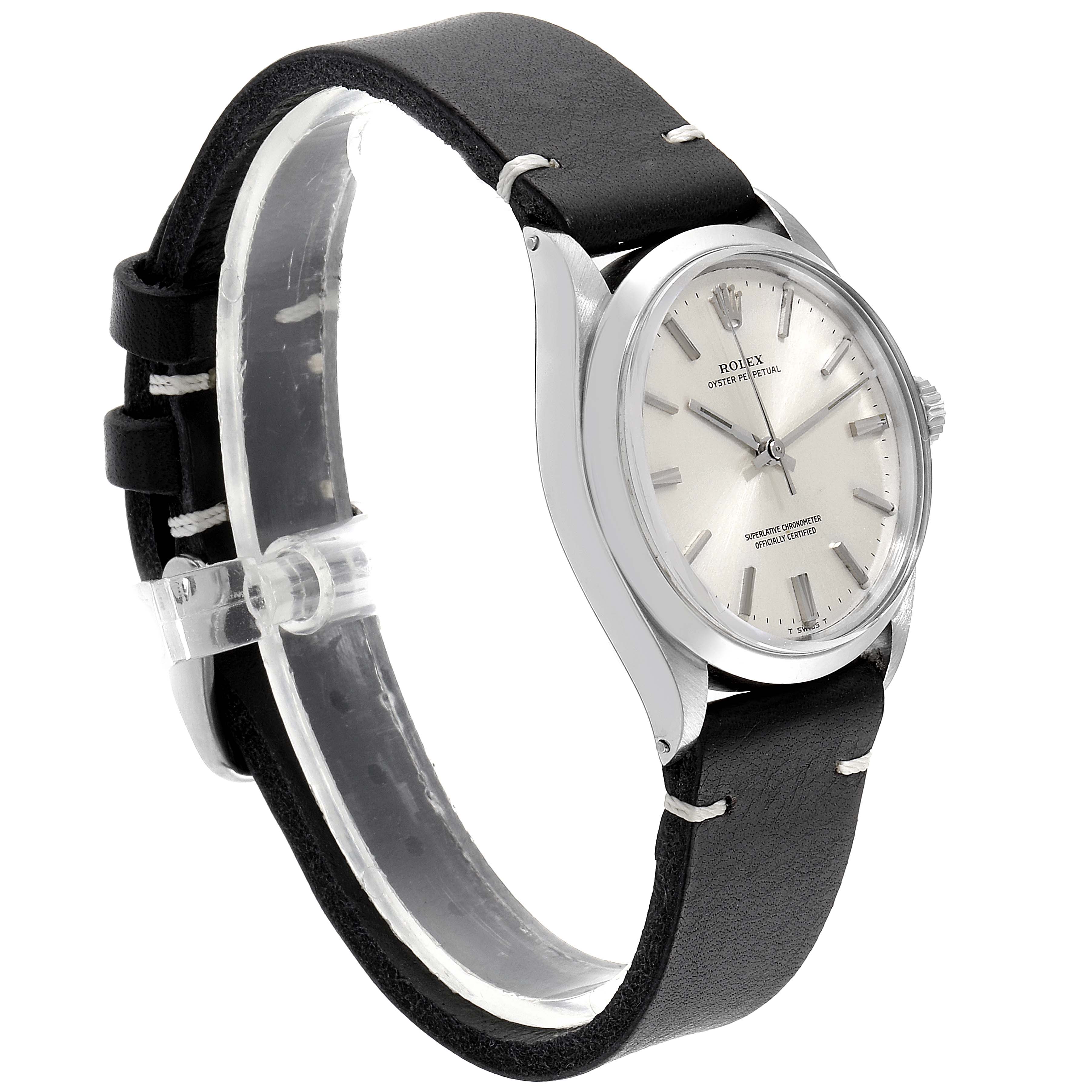 The image shows a side angle of a Rolex Oyster Perpetual 1002 Men's Stainless Steel Silver Dial 1002 Men's Stainless Steel Silver Dial watch with a black leather strap and a silver dial.