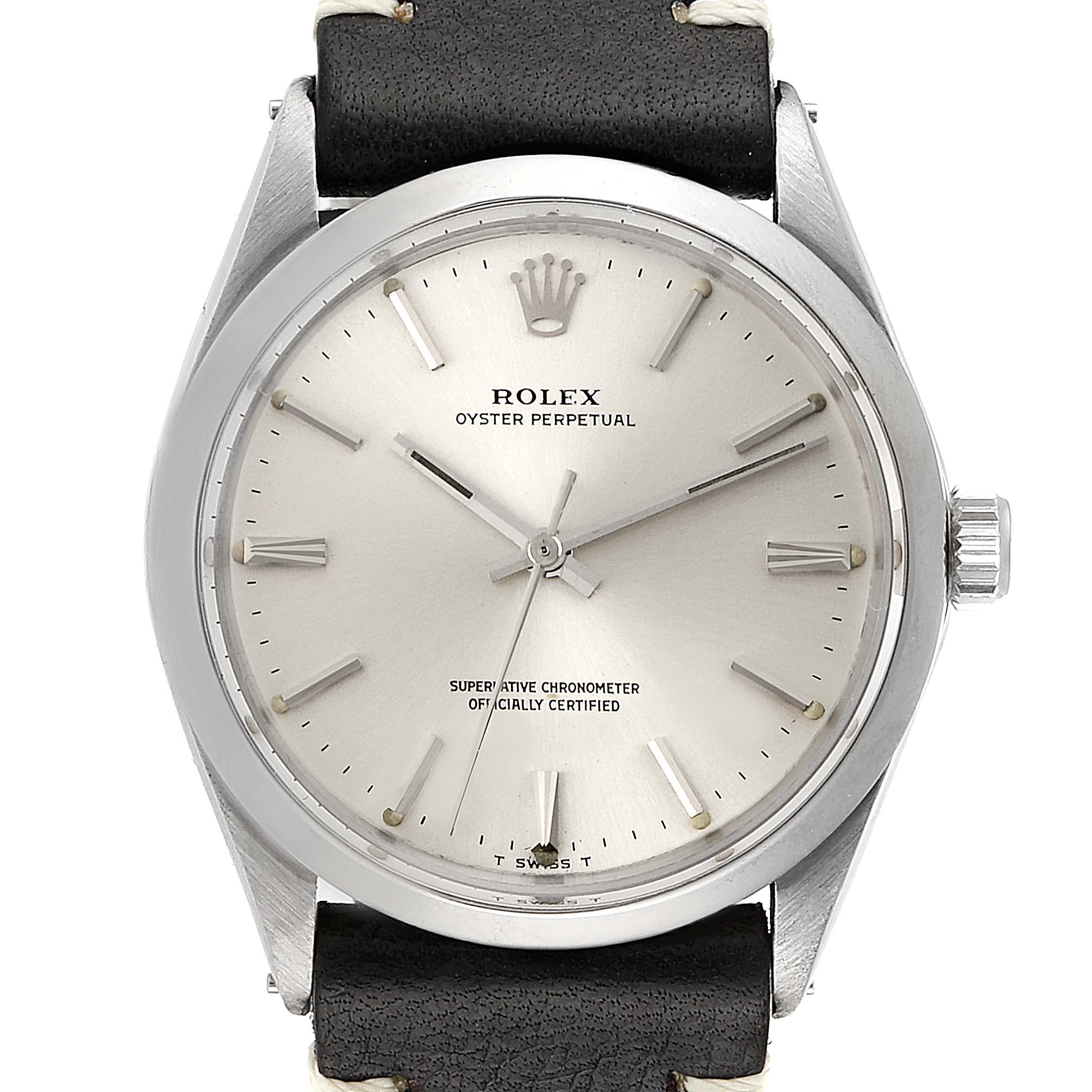 The image shows a front view of the Rolex Oyster Perpetual 1002 Men's Stainless Steel Silver Dial 1002 Men's Stainless Steel Silver Dial watch, highlighting its dial, case, crown, and black strap.