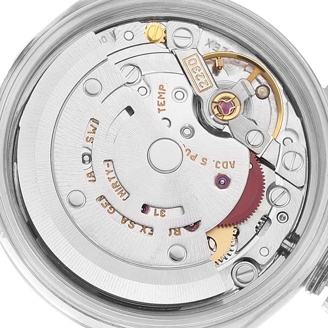 The image shows a close-up, rear view of the internal movement mechanism of a Rolex Oyster Perpetual 76094 Women's Stainless Steel Silver Dial 76094 Women's Stainless Steel Silver Dial watch.
