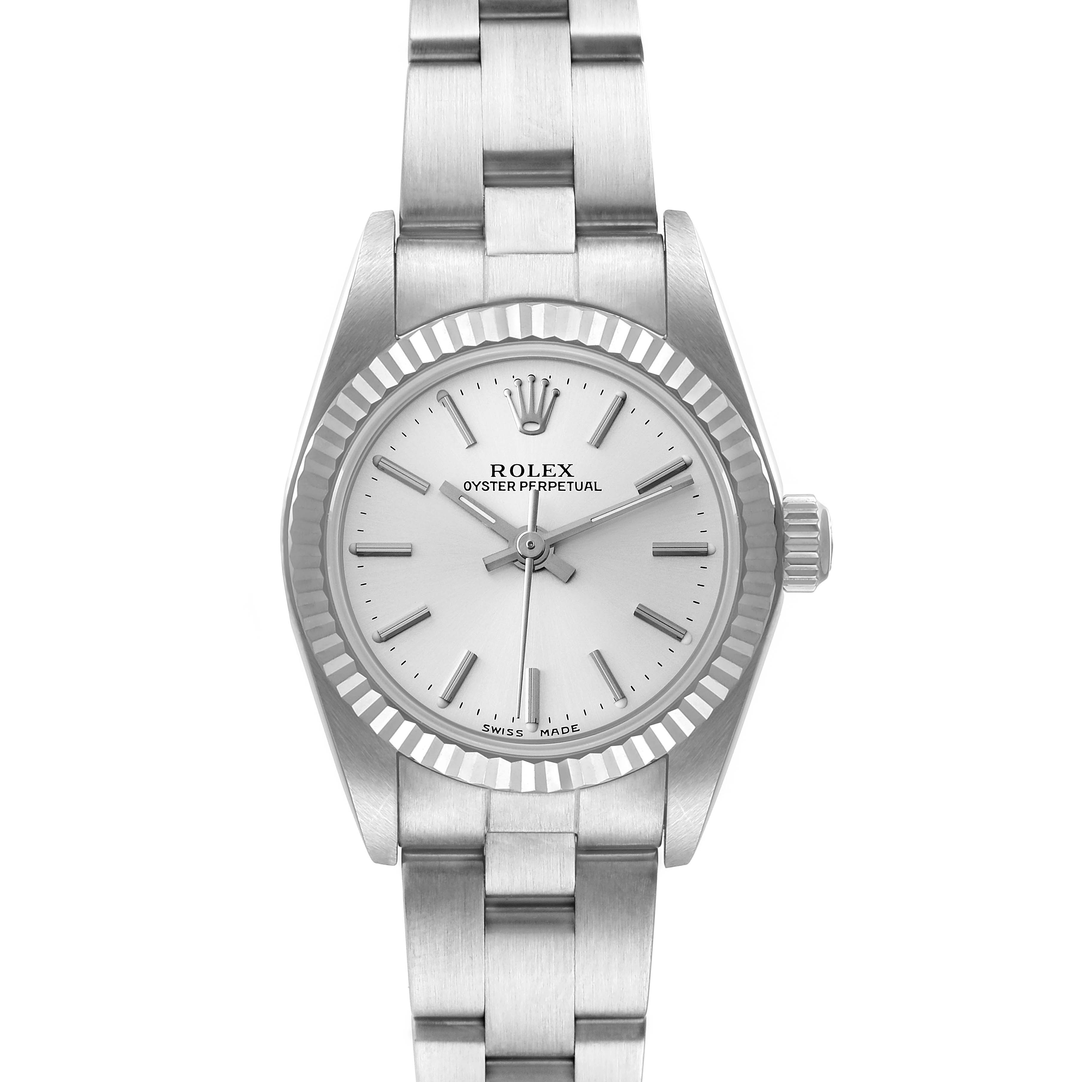 This image shows a front view of the Rolex Oyster Perpetual 76094 Women's Stainless Steel Silver Dial 76094 Women's Stainless Steel Silver Dial watch, including the dial, case, and bracelet.