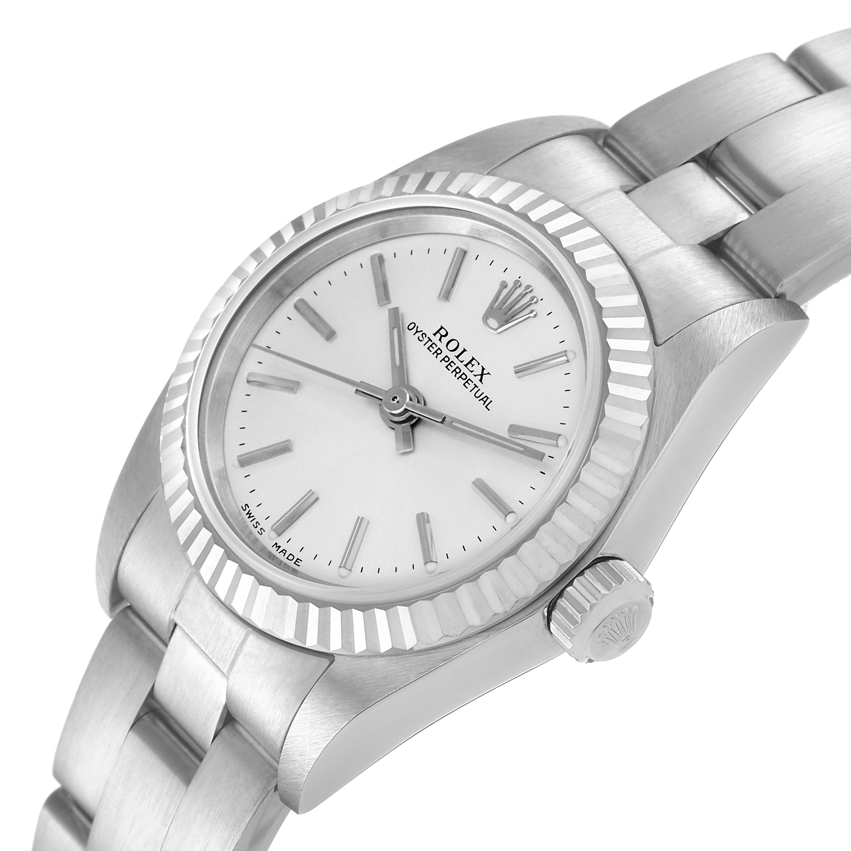 This is a close-up angle of the Rolex Oyster Perpetual 76094 Women's Stainless Steel Silver Dial 76094 Women's Stainless Steel Silver Dial watch, showing the face, crown, and part of the bracelet.