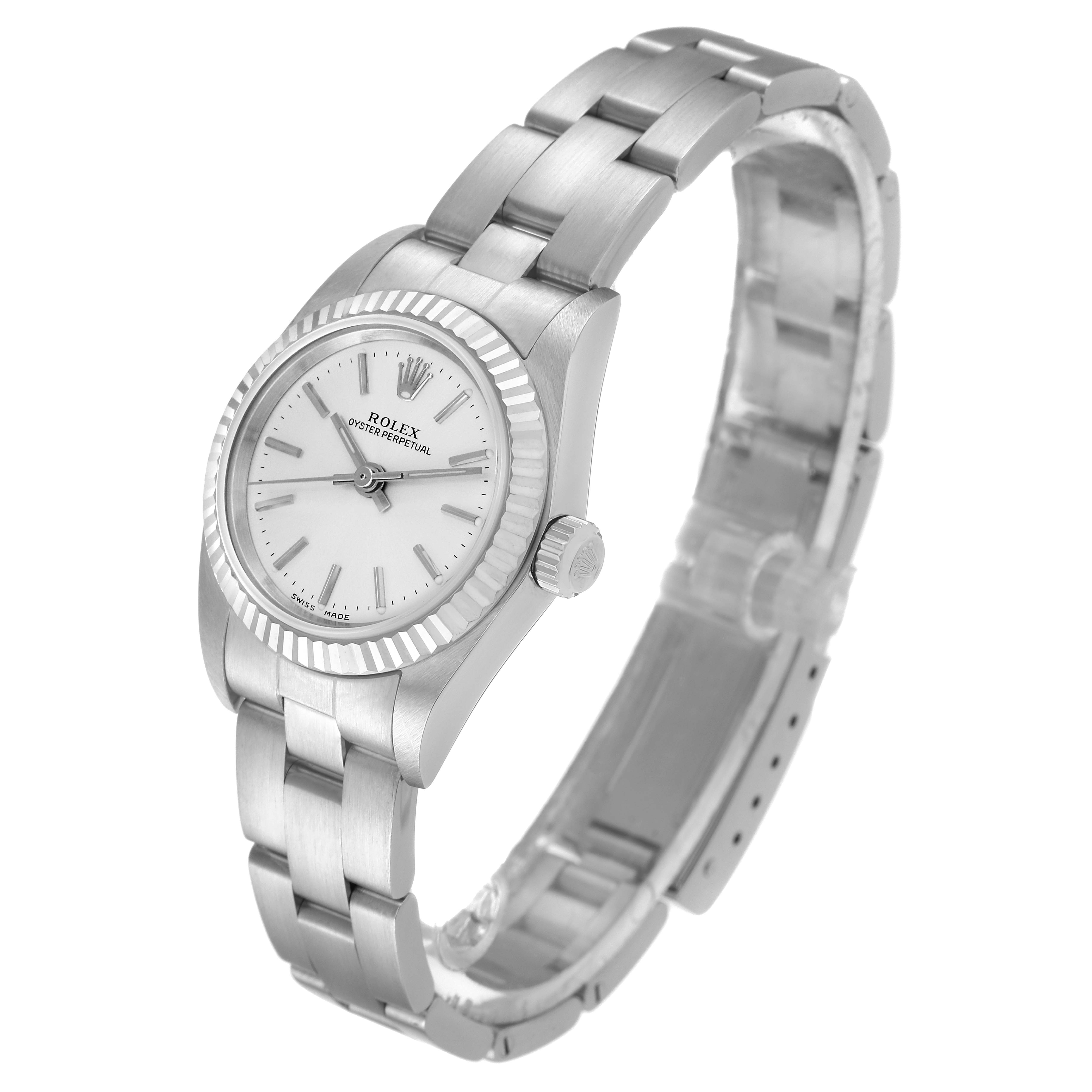 The image shows a side and top view of a Rolex Oyster Perpetual 76094 Women's Stainless Steel Silver Dial 76094 Women's Stainless Steel Silver Dial watch, displaying the dial, bezel, and bracelet.