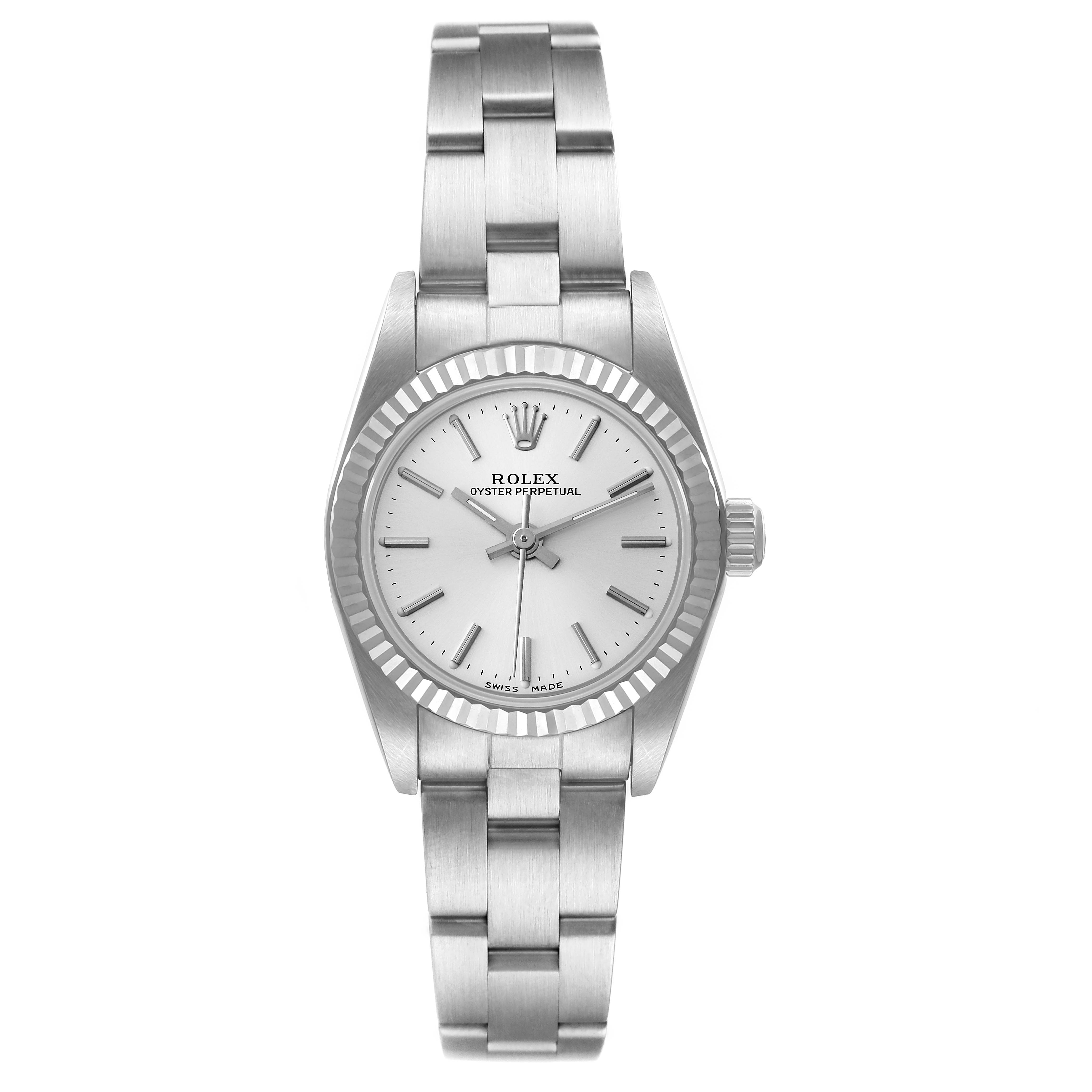 The image shows a front view of a Rolex Oyster Perpetual 76094 Women's Stainless Steel Silver Dial 76094 Women's Stainless Steel Silver Dial watch, displaying the watch face, bezel, and bracelet.