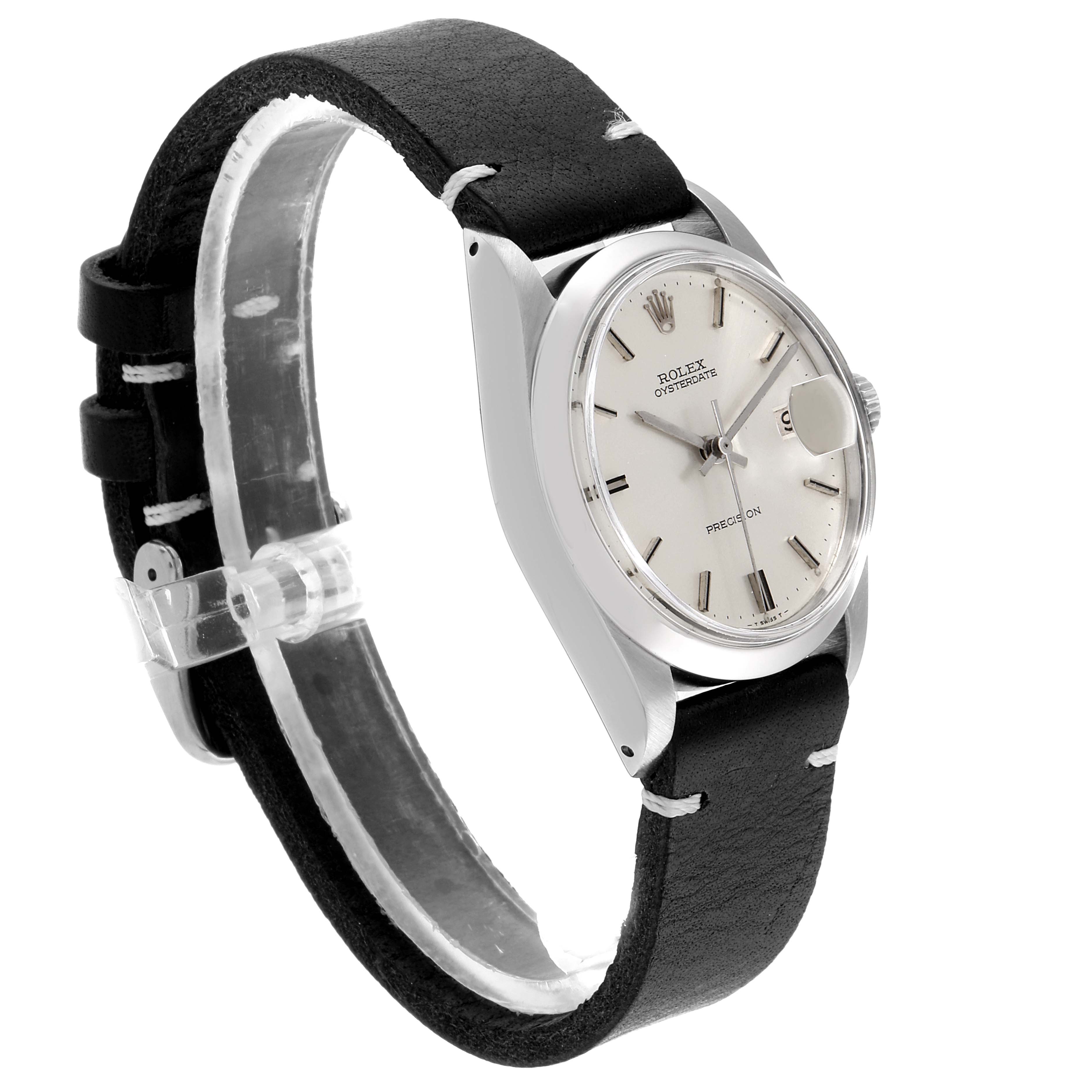 The image shows a side angle of the Rolex Vintage Collection 6694 Men's Stainless Steel Silver Dial 6694 Men's Stainless Steel Silver Dial watch, highlighting the face, bezel, and leather strap.