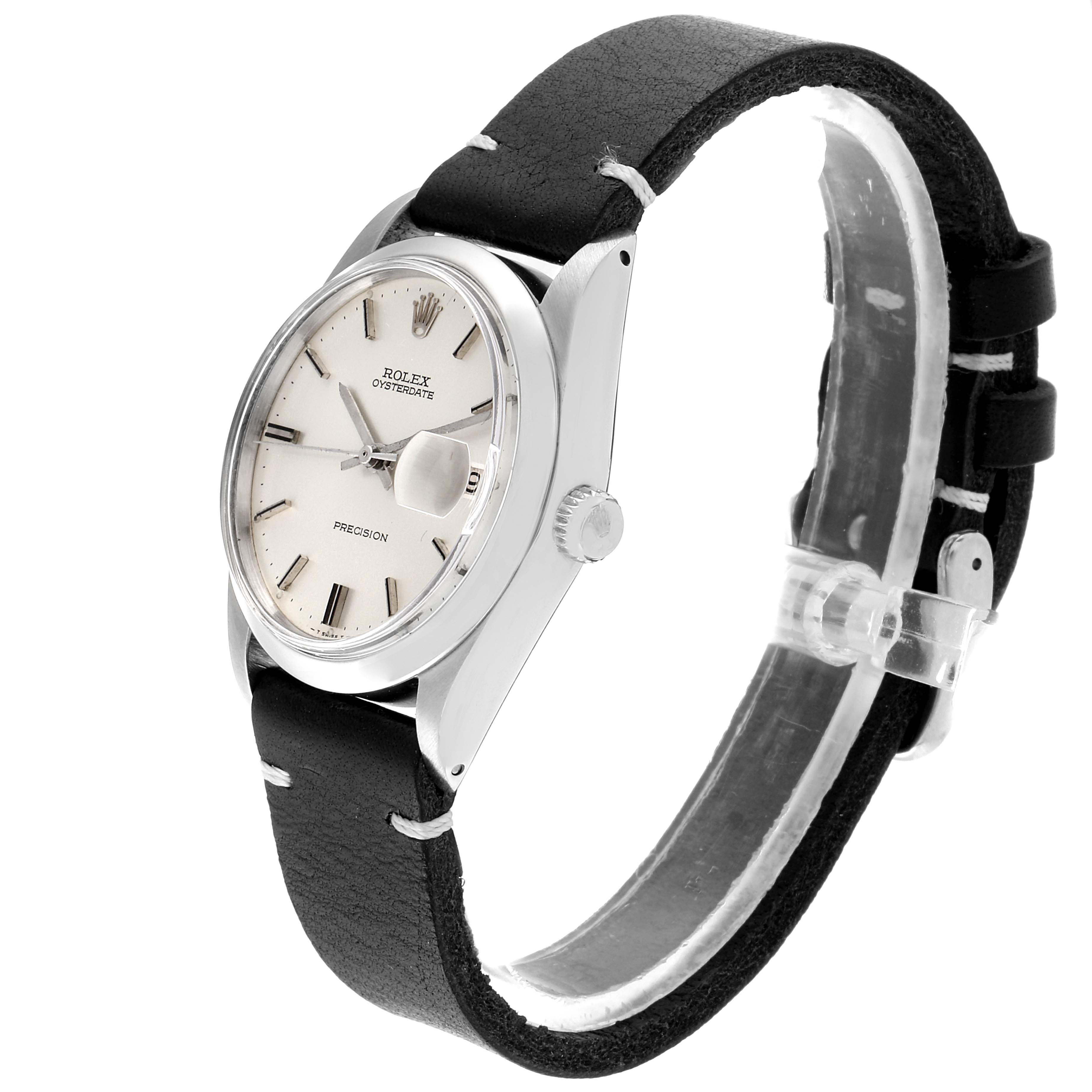 The Rolex Vintage Collection 6694 Men's Stainless Steel Silver Dial 6694 Men's Stainless Steel Silver Dial watch is shown at a slight angle, displaying the face, case, and black leather strap.