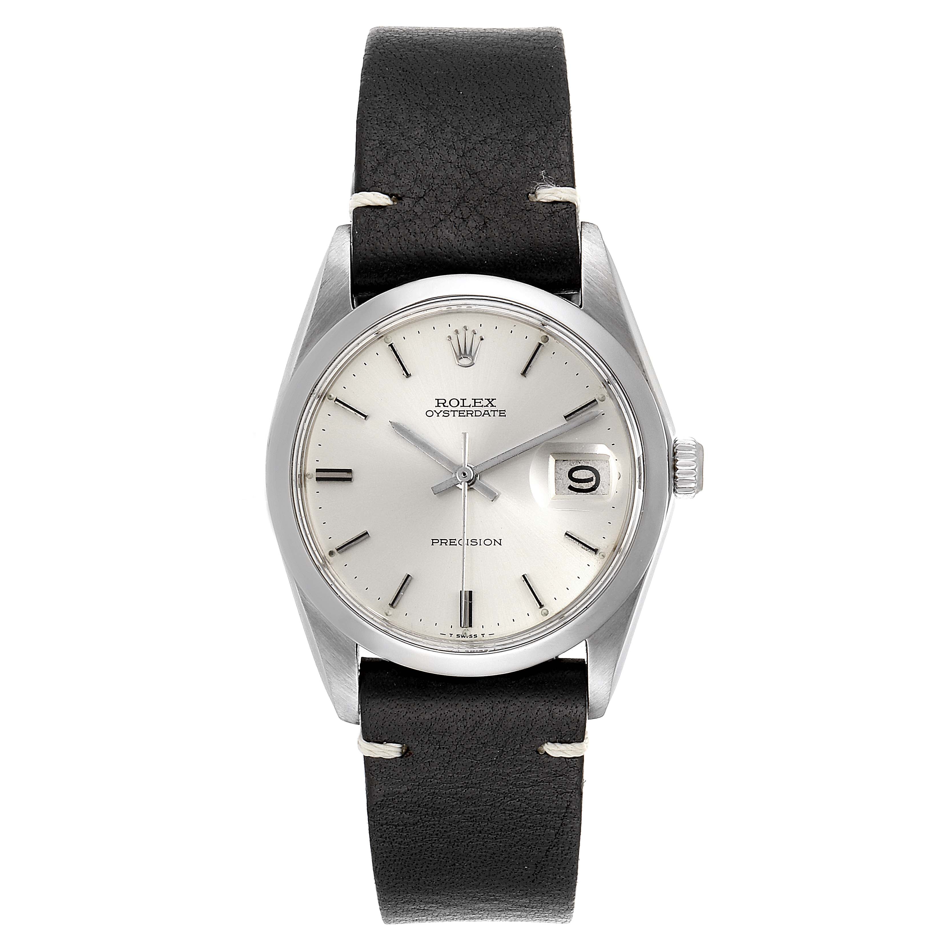 The image shows a front view of the Rolex Vintage Collection 6694 Men's Stainless Steel Silver Dial 6694 Men's Stainless Steel Silver Dial watch featuring a black leather strap and date display.