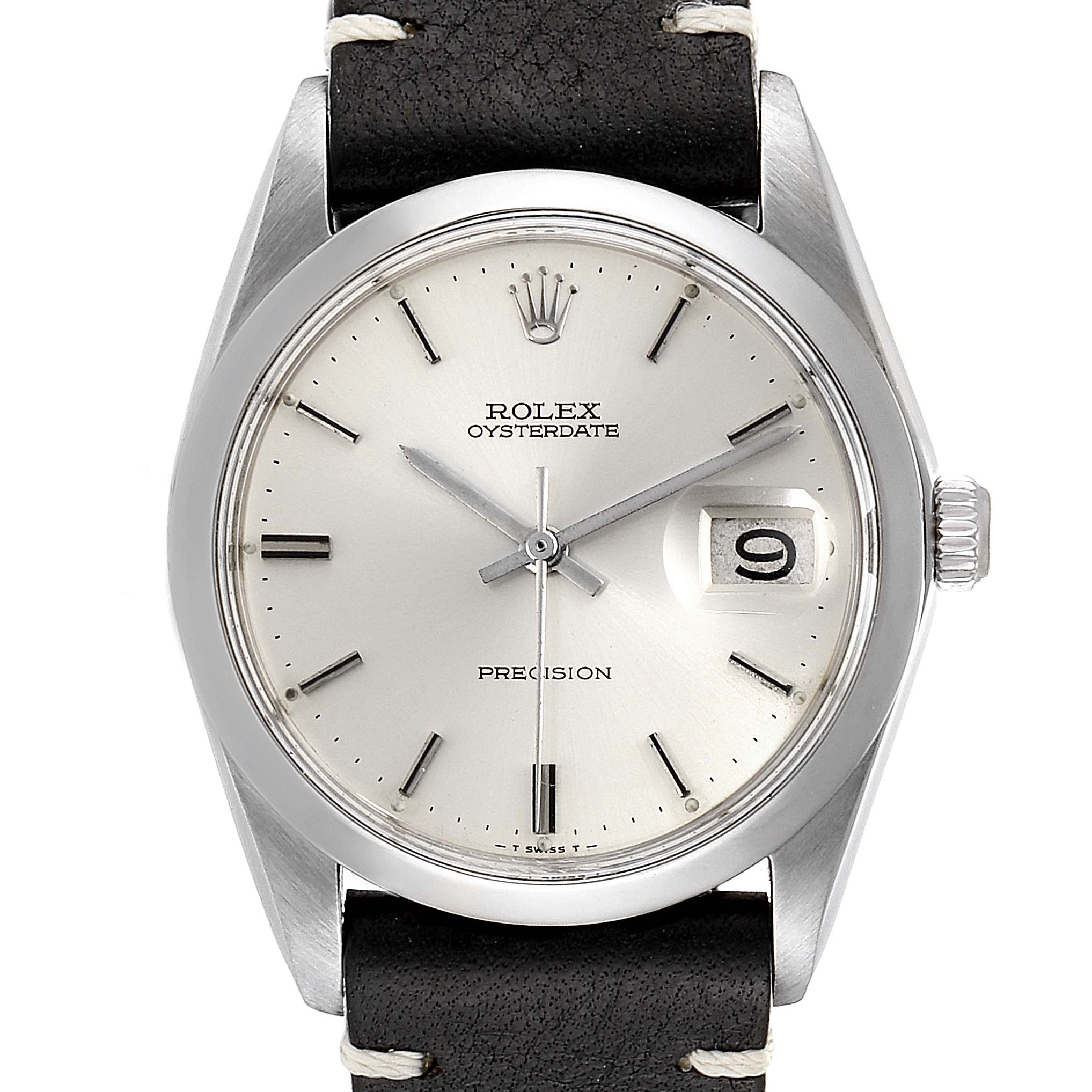 The image shows a front view of the Rolex Vintage Collection 6694 Men's Stainless Steel Silver Dial 6694 Men's Stainless Steel Silver Dial Oysterdate watch, displaying the dial, hands, date window, and leather strap.
