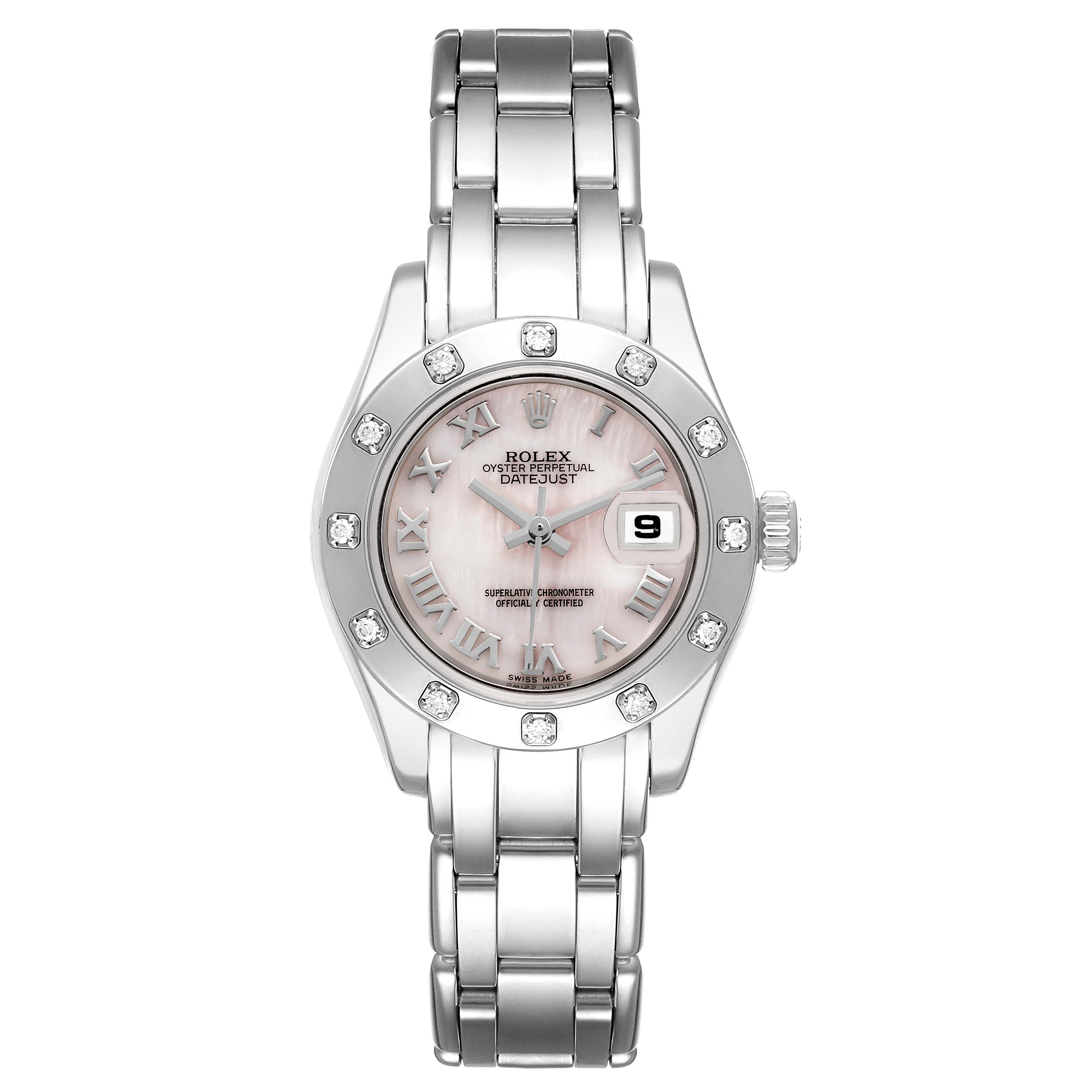 This Rolex Pearlmaster 80319 Women's White Gold Mother of Pearl Dial 80319 Women's White Gold Mother of Pearl Dial watch is shown from a front angle, displaying the full face, bezel with diamonds, and metal bracelet.