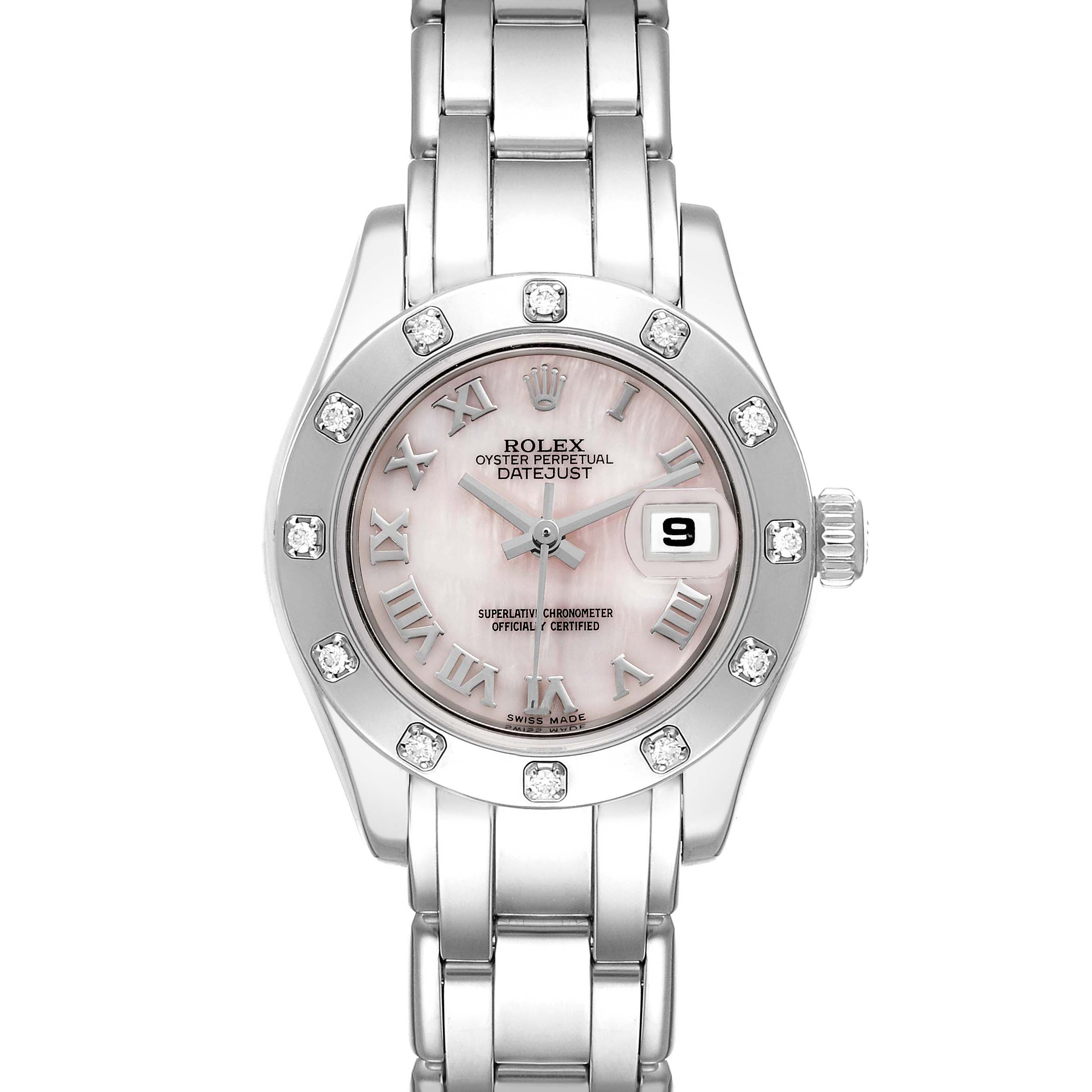 The image shows a front view of a Rolex Pearlmaster 80319 Women's White Gold Mother of Pearl Dial 80319 Women's White Gold Mother of Pearl Dial watch, highlighting its face, bezel, and bracelet.