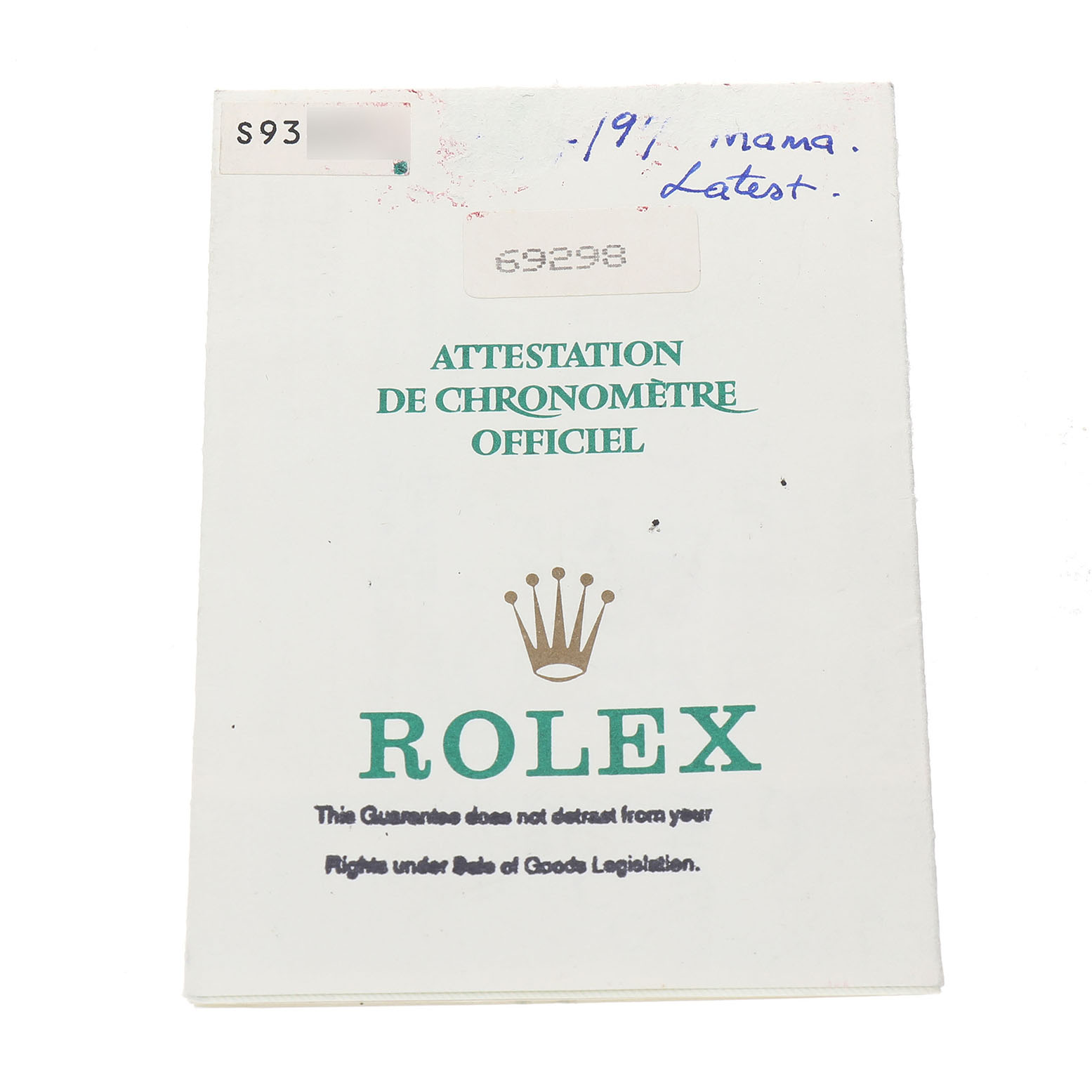This image shows the certification card for the Rolex Pearlmaster 69298 Women's Yellow Gold Mother of Pearl Dial watch from a top-down angle.