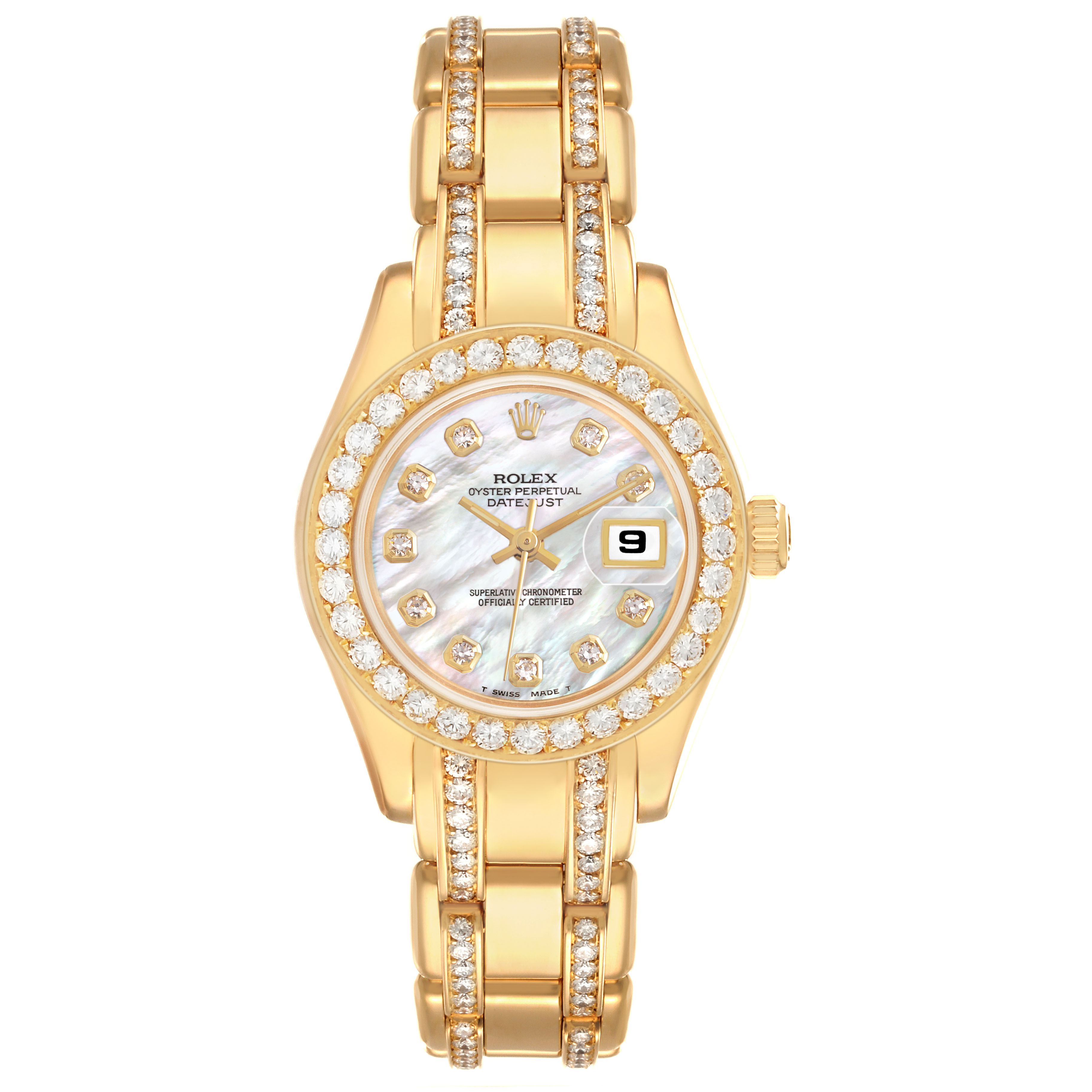 The Rolex Pearlmaster 69298 Women's Yellow Gold Mother of Pearl Dial watch is shown from a top-down angle, highlighting its gold bracelet, diamond bezel, and mother-of-pearl dial.