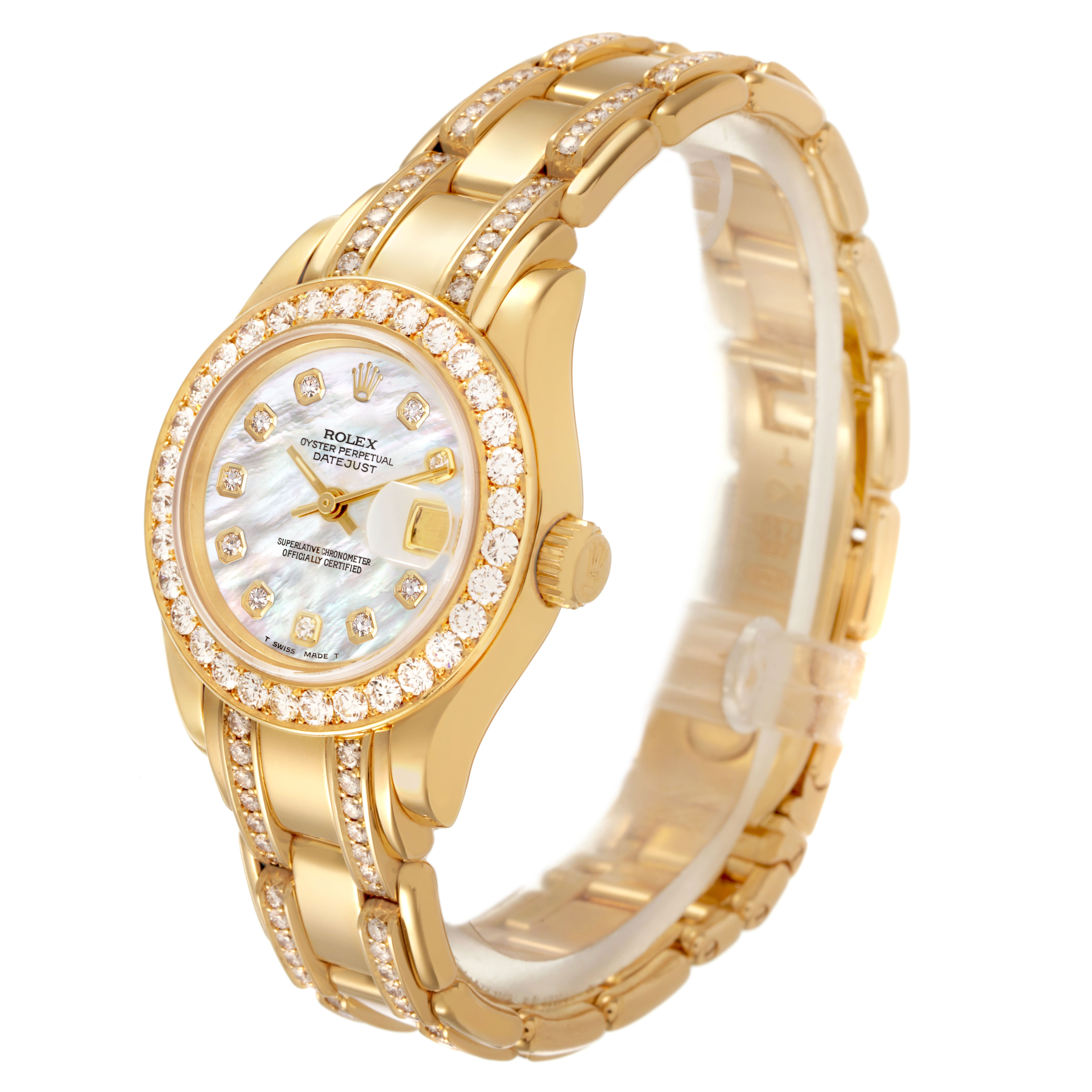 The Rolex Pearlmaster 69298 Women's Yellow Gold Mother of Pearl Dial watch is shown at an angle highlighting its gold bracelet, diamond bezel, and mother-of-pearl dial.