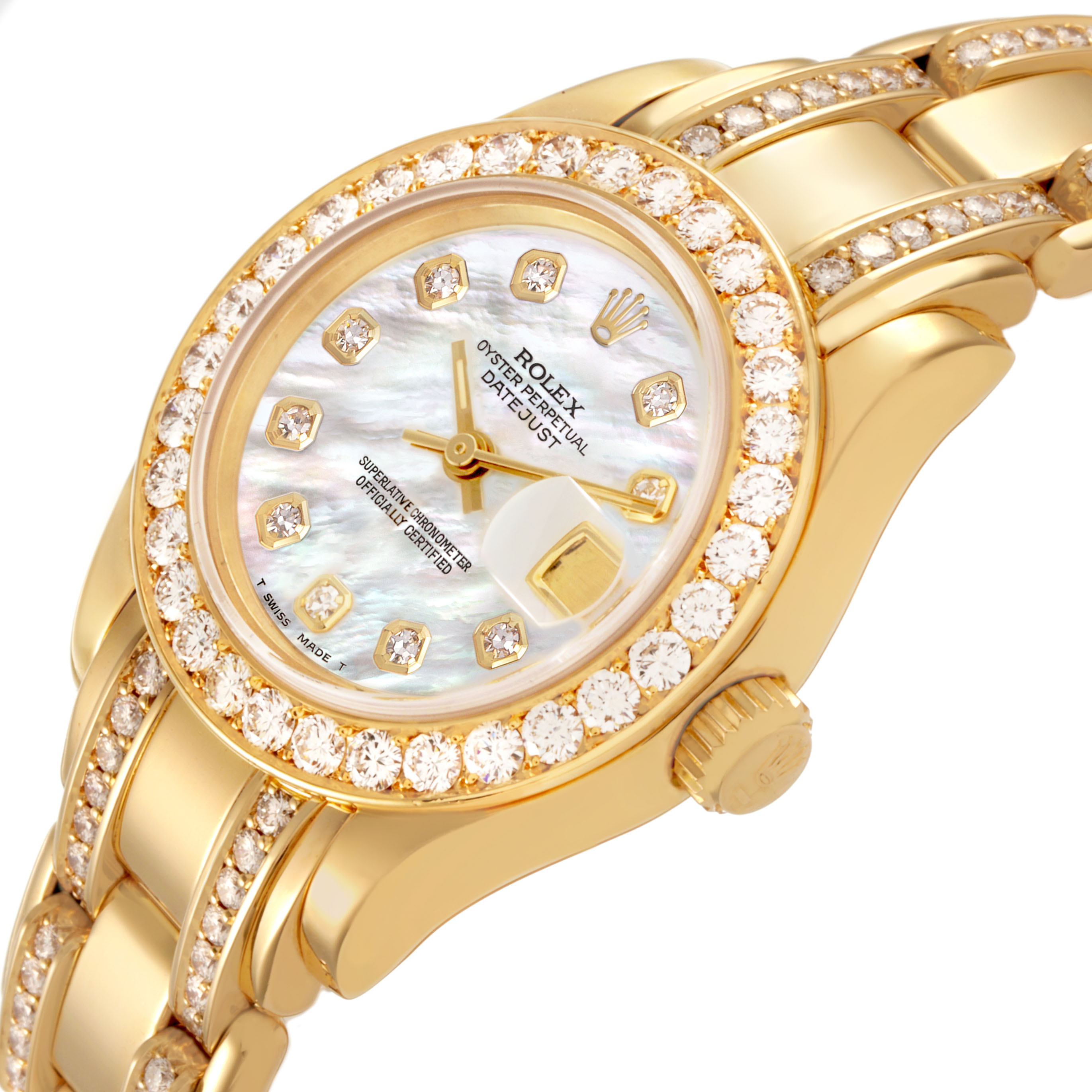 The Rolex Pearlmaster 69298 Women's Yellow Gold Mother of Pearl Dial watch is shown at an angled close-up, highlighting its diamond-studded bezel, dial, and bracelet.