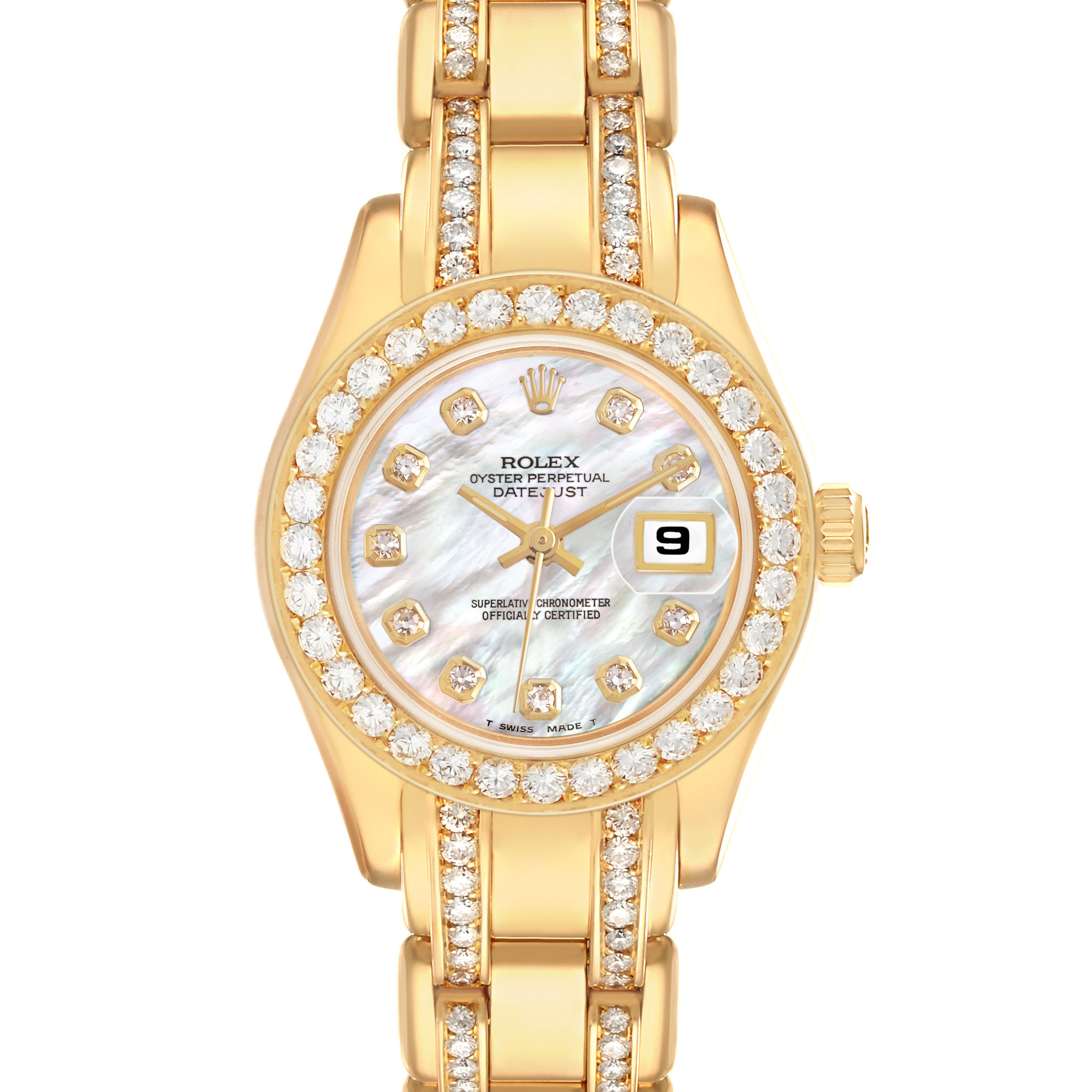 The Rolex Pearlmaster 69298 Women's Yellow Gold Mother of Pearl Dial watch is shown from a top-down angle, displaying its dial, bezel, and part of the bracelet.
