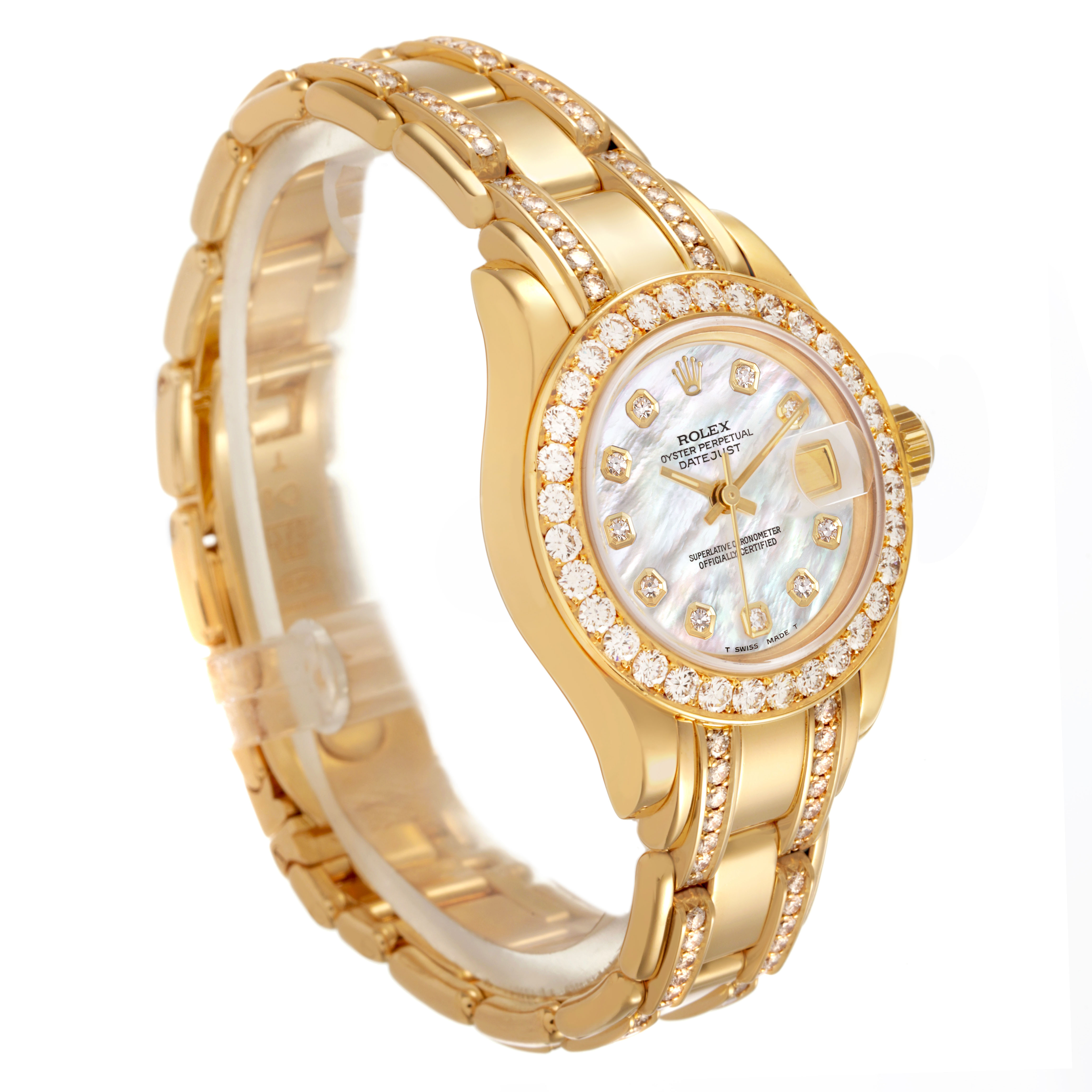 The Rolex Pearlmaster 69298 Women's Yellow Gold Mother of Pearl Dial watch is shown at a three-quarter angle, displaying the bracelet, diamond bezel, and face.