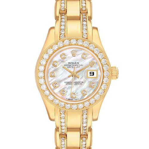 The Rolex Pearlmaster 69298 Women's Yellow Gold Mother of Pearl Dial watch is shown from the front, displaying the bezel, dial, bracelet, and crown.