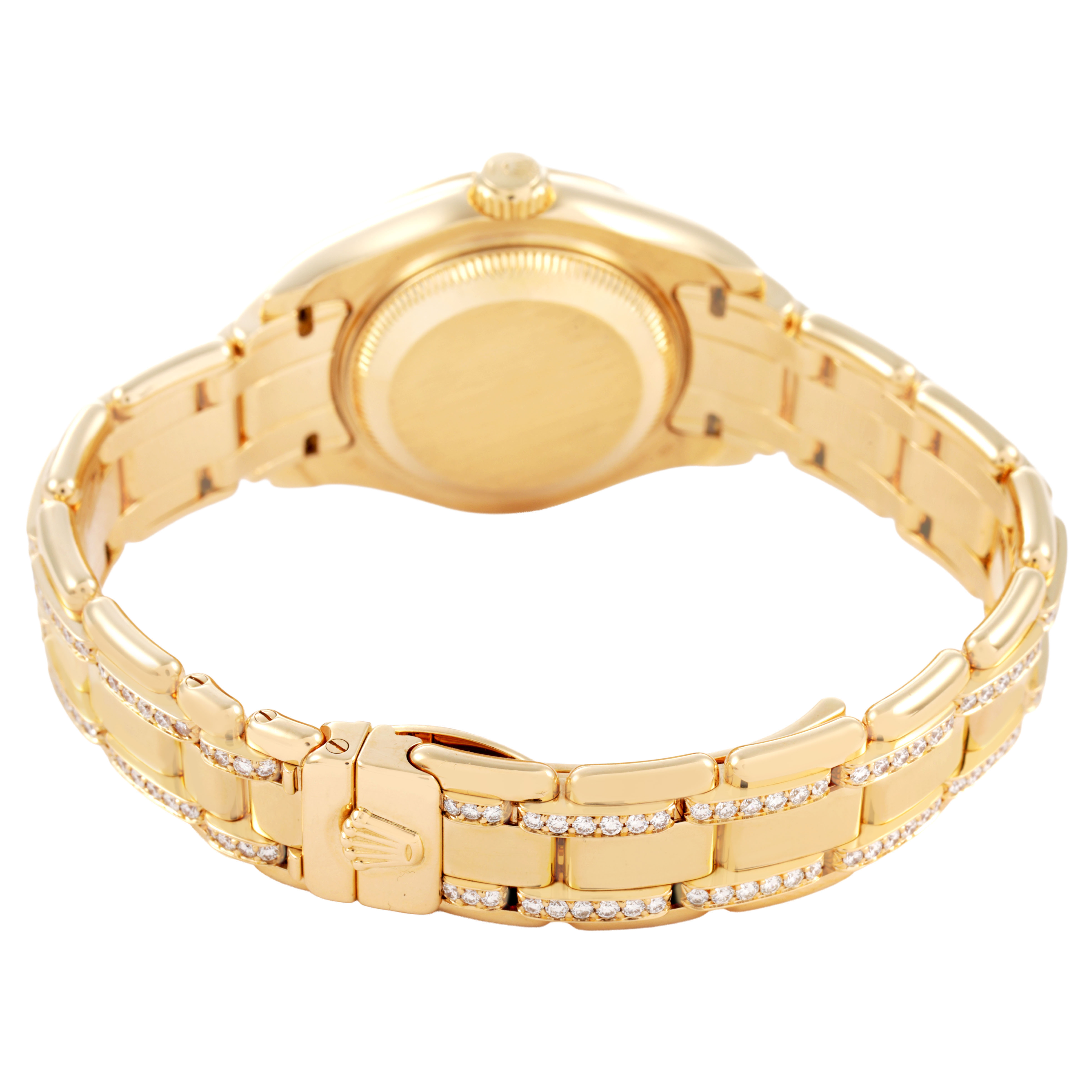The image shows the Rolex Pearlmaster 69298 Women's Yellow Gold Mother of Pearl Dial watch from a rear angle, highlighting the bracelet and case back.