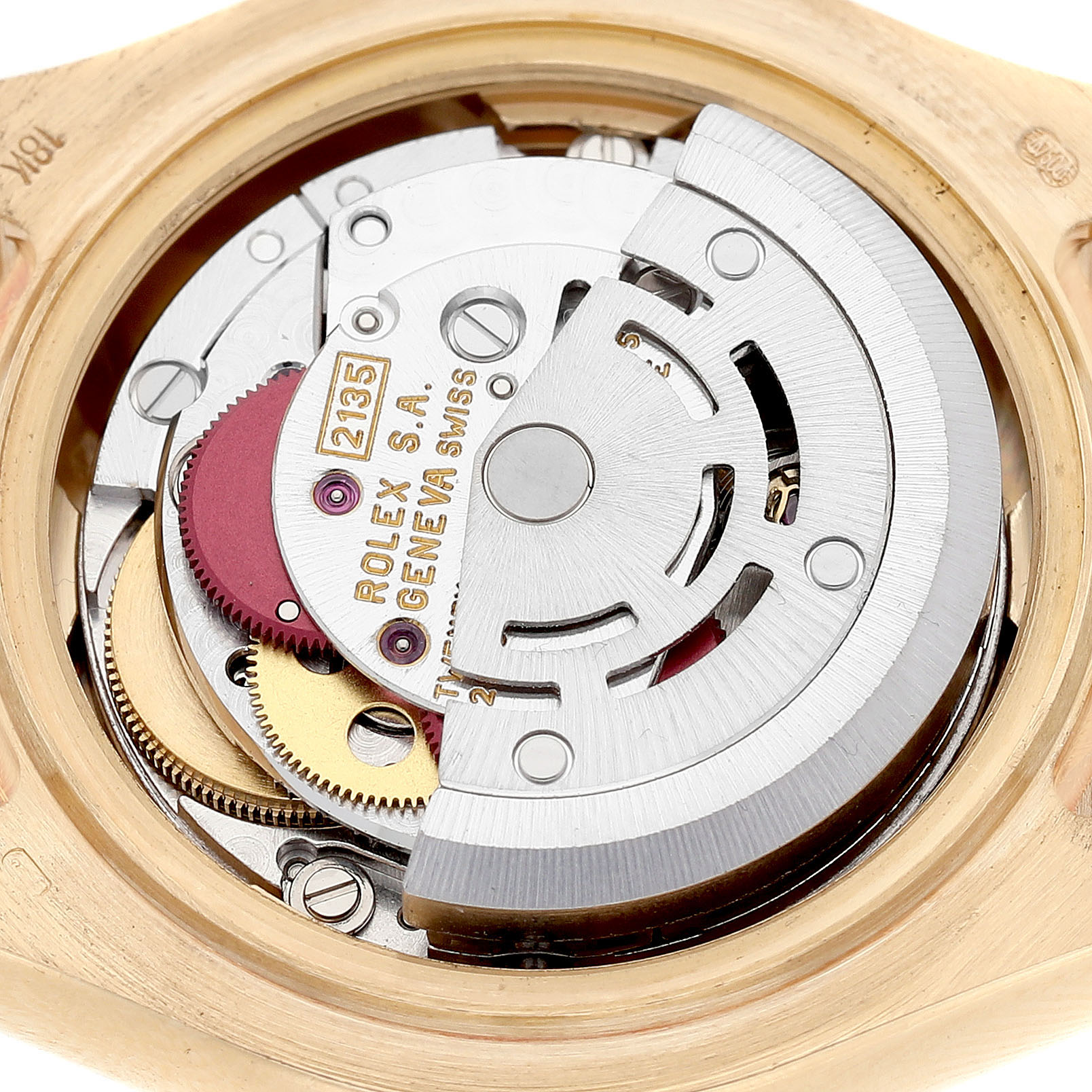 The image shows the back view of the Rolex Pearlmaster 69298 Women's Yellow Gold Mother of Pearl Dial watch, highlighting its intricate movement and mechanism.