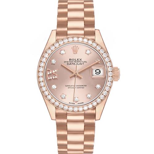 The Rolex President 279135 Women's Rose Gold Pink Dial model is shown from the front, displaying its diamond bezel, dial, hands, crown, and bracelet.