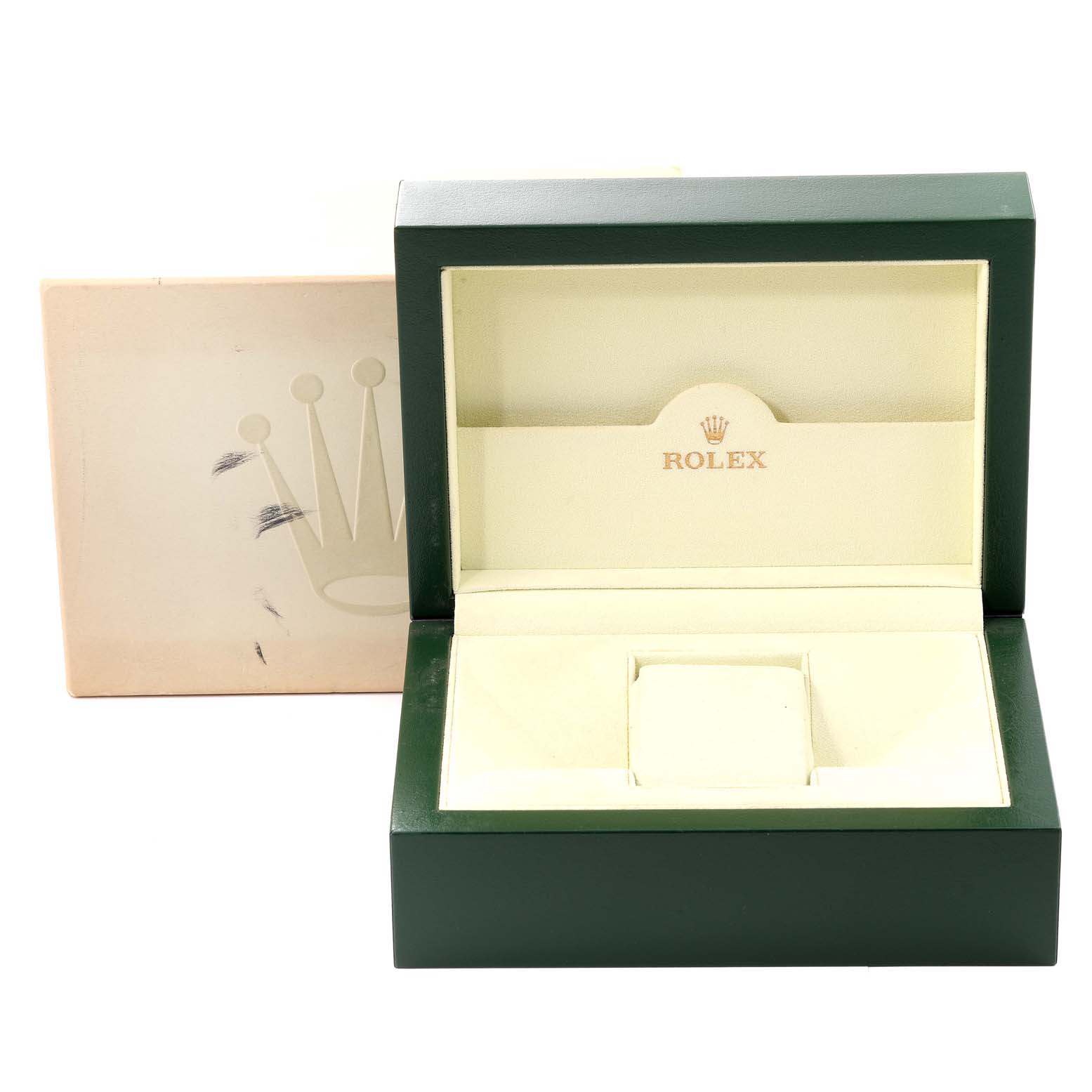 The image shows an empty Rolex President 179178 Women's Yellow Gold Champagne Dial 179178 Women's Yellow Gold Champagne Dial model watch box, including the outer box, from a straight-on angle.