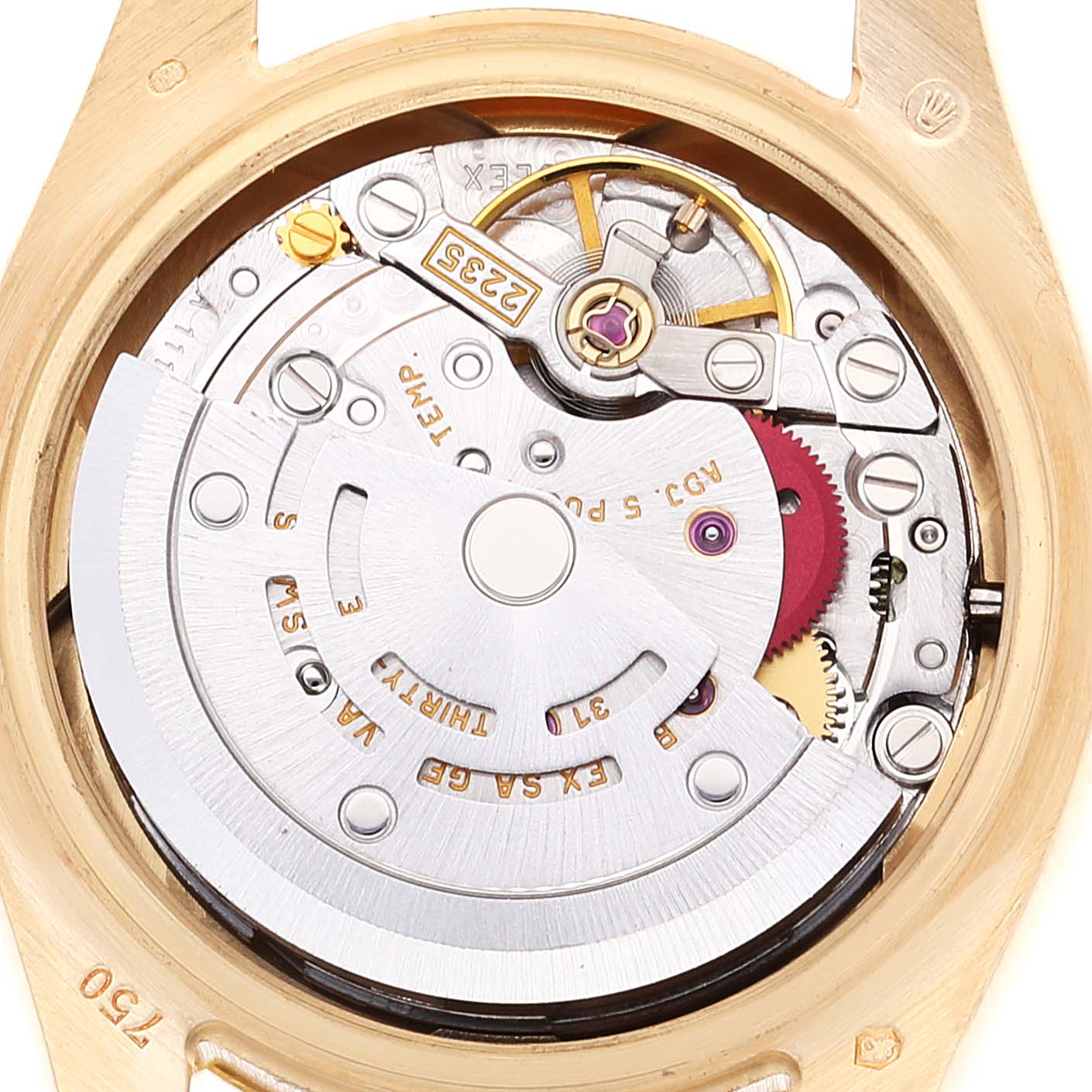 The image shows the internal movement mechanism of a Rolex President 179178 Women's Yellow Gold Champagne Dial 179178 Women's Yellow Gold Champagne Dial model watch from the backside.