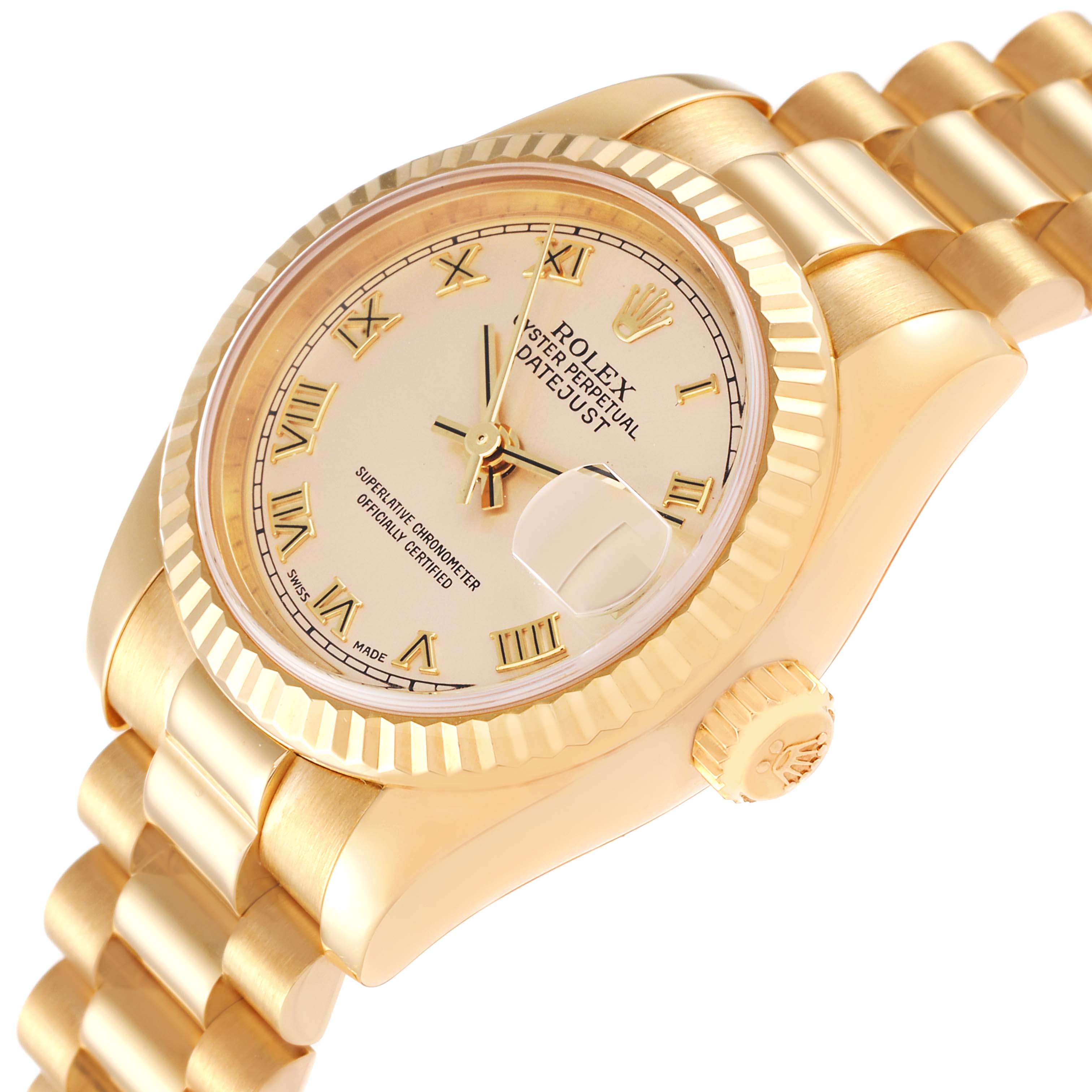 The Rolex President 179178 Women's Yellow Gold Champagne Dial 179178 Women's Yellow Gold Champagne Dial model watch is shown at an angle highlighting the dial, bezel, bracelet, and crown.