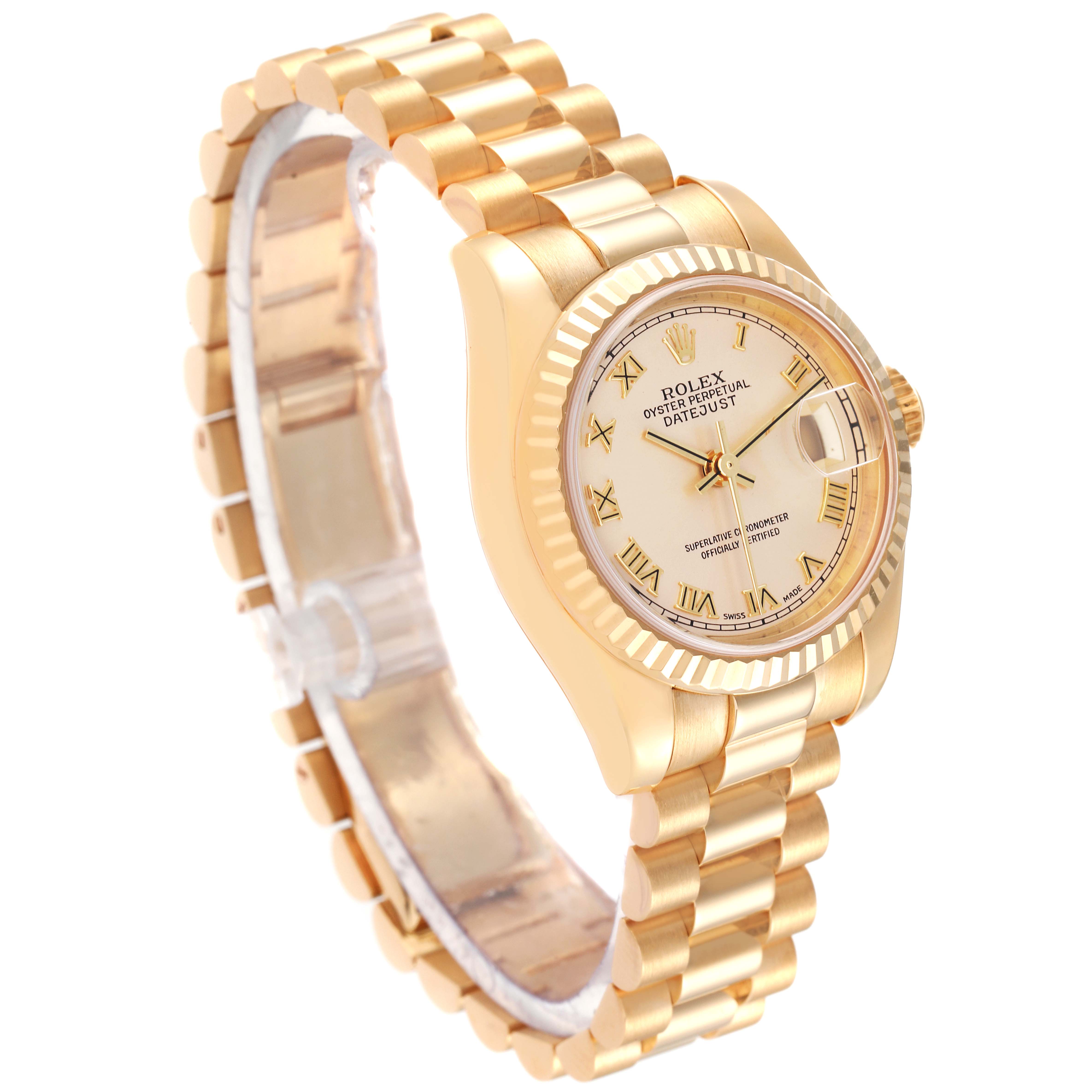The Rolex President 179178 Women's Yellow Gold Champagne Dial 179178 Women's Yellow Gold Champagne Dial model is shown at a three-quarter angle, highlighting its gold bracelet, face, and fluted bezel.