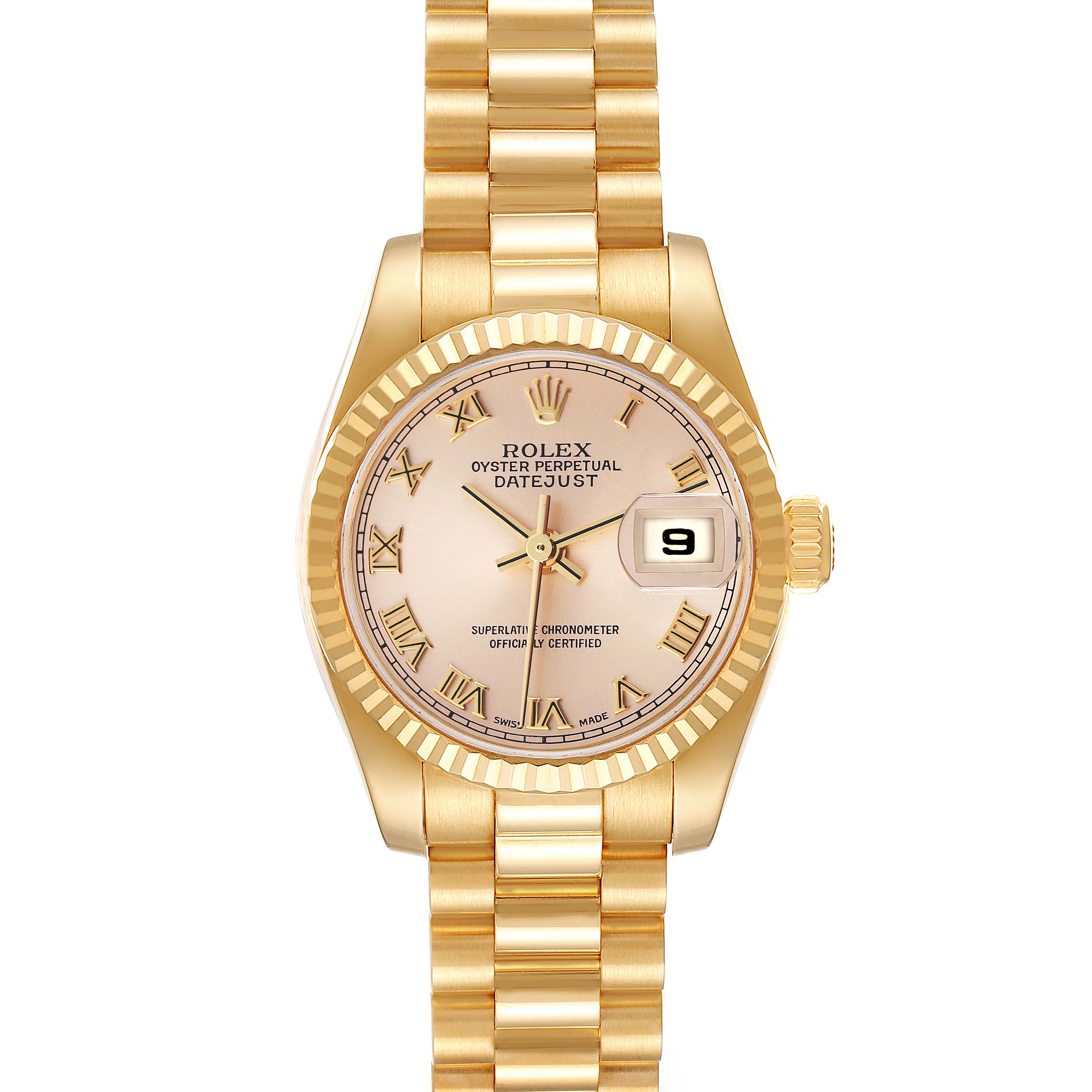 The image shows a Rolex President 179178 Women's Yellow Gold Champagne Dial 179178 Women's Yellow Gold Champagne Dial Datejust watch from a front angle, displaying its dial, bracelet, and date window.