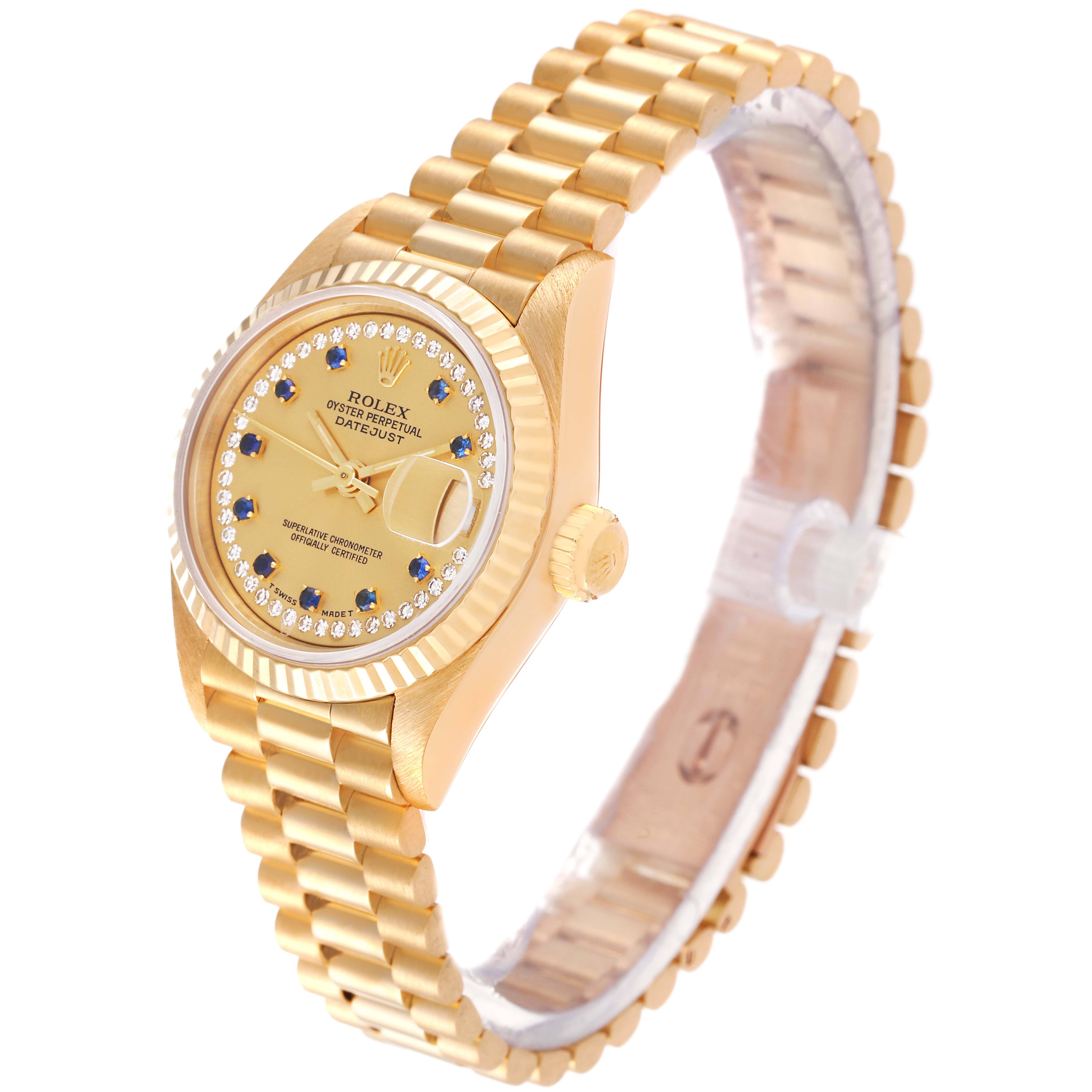 The image shows a side and front angle of the Rolex President 69178 Women
s Yellow Gold Champagne Dial 69178 Women
s Yellow Gold Champagne Dial model watch, highlighting the face, crown, and bracelet.