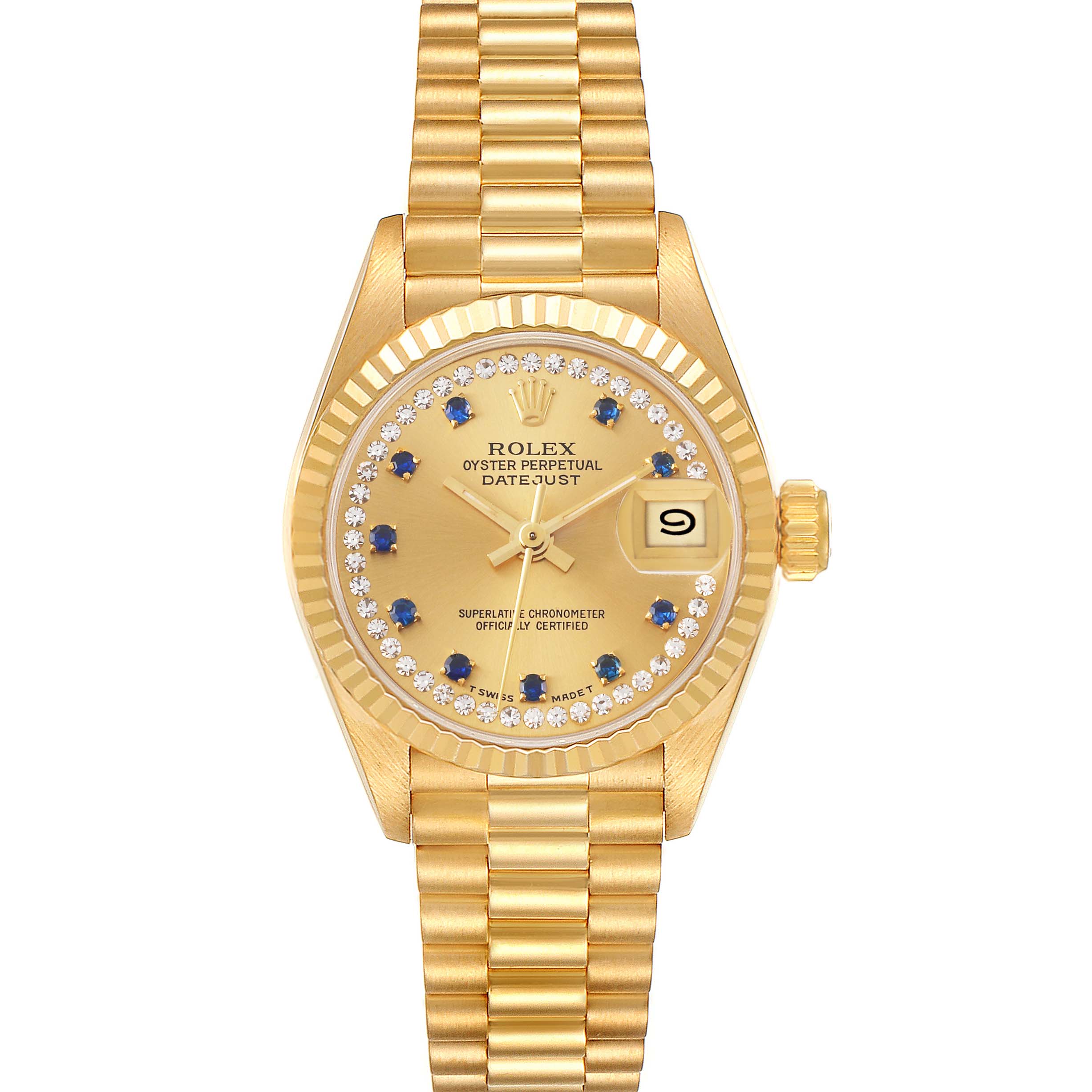 This is a front view of a Rolex President 69178 Women
s Yellow Gold Champagne Dial 69178 Women
s Yellow Gold Champagne Dial model watch, showing the face, hands, date window, and bracelet.