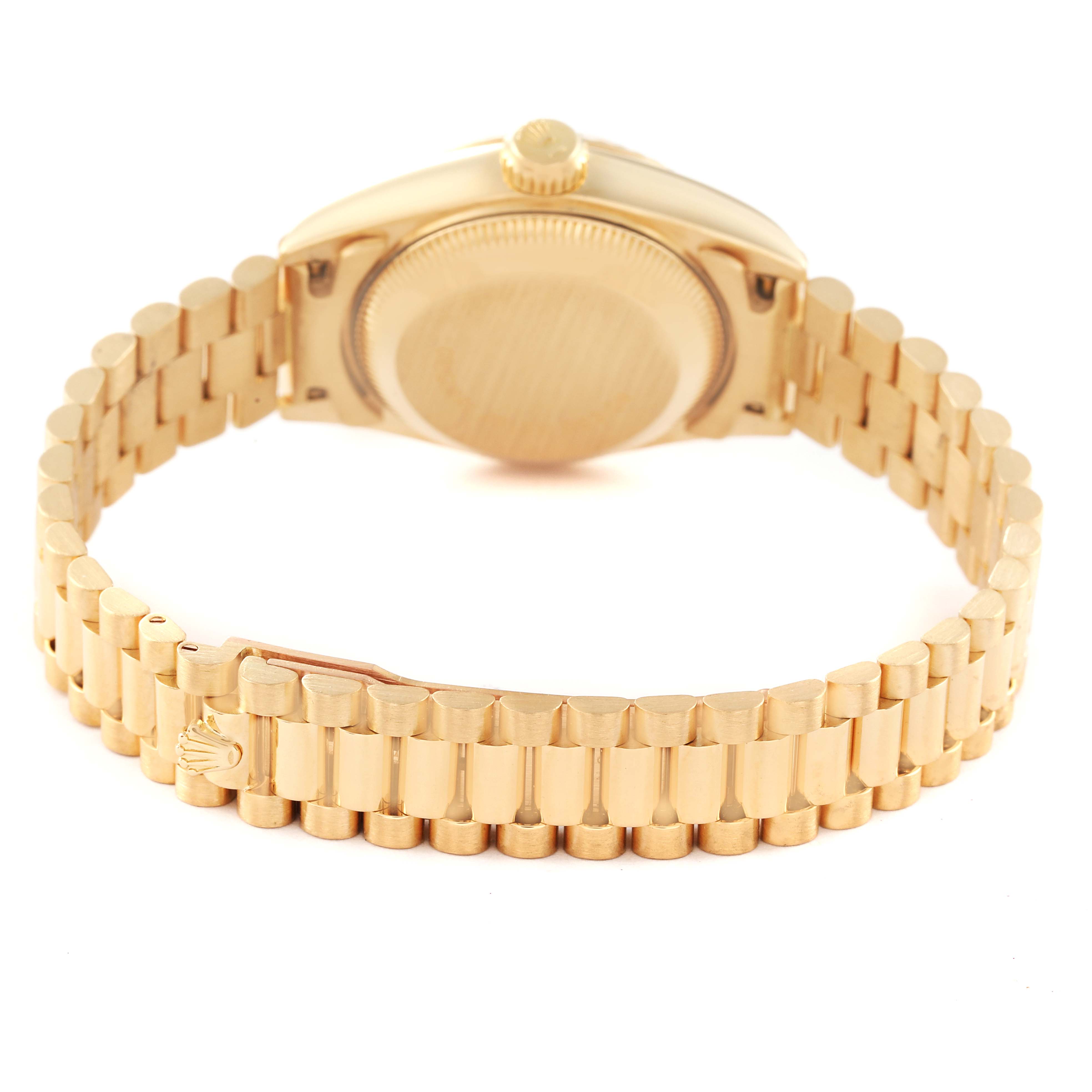 This image shows the back and bracelet of a President model by Rolex, viewed from a rear angle.