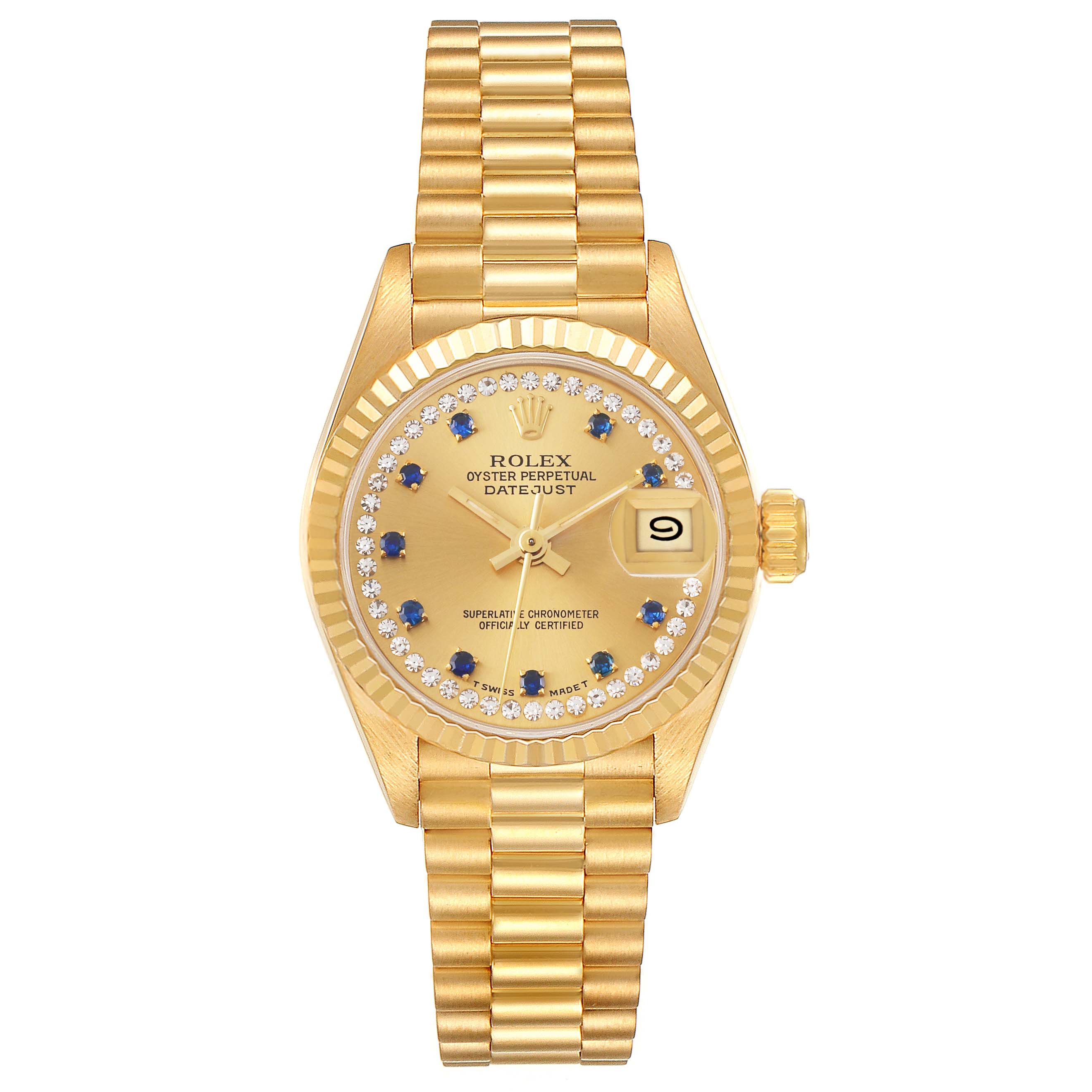 The image shows a frontal view of the Rolex President 69178 Women
s Yellow Gold Champagne Dial 69178 Women
s Yellow Gold Champagne Dial model watch, featuring its face, bezel, and bracelet.