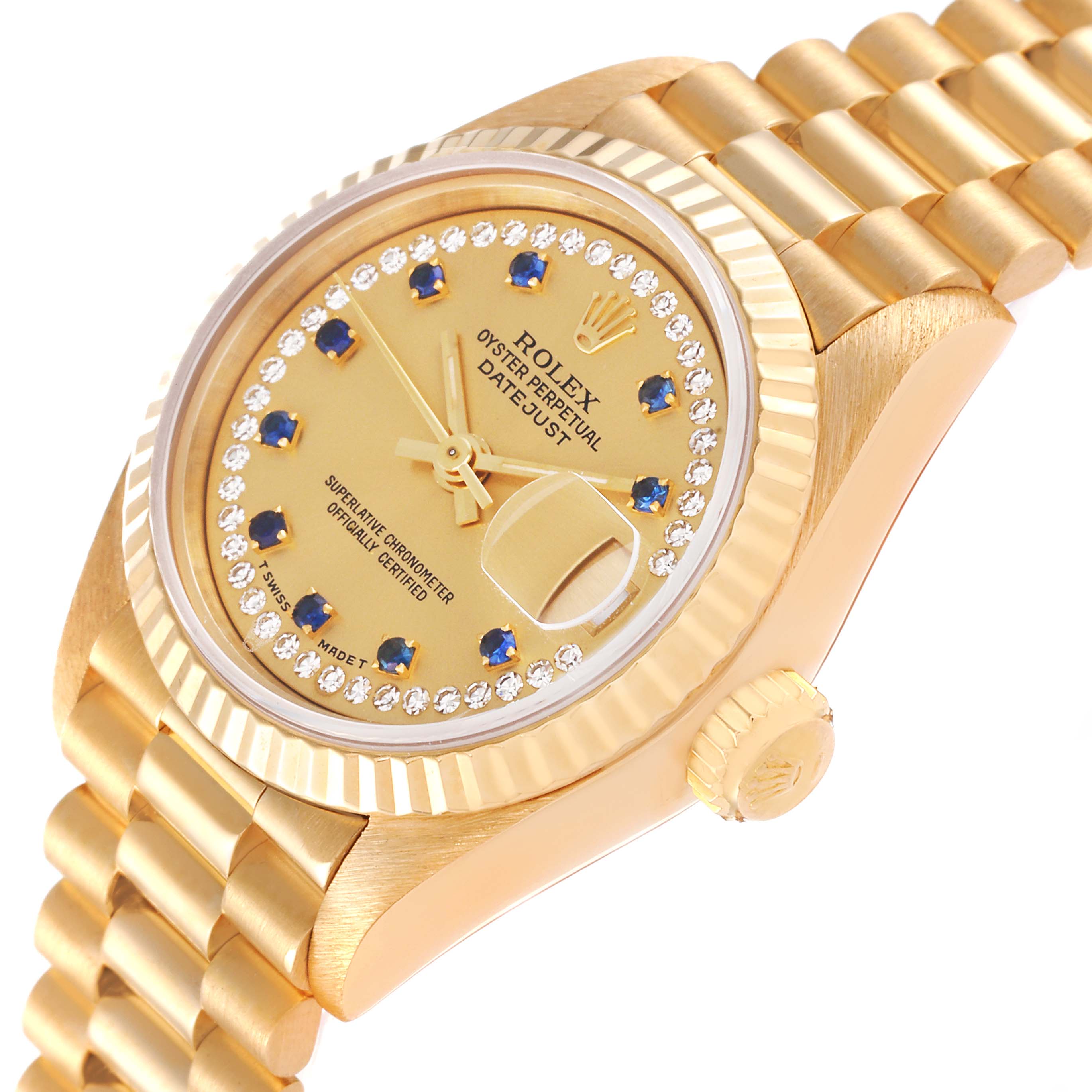 The image shows a close-up angle of the Rolex President 69178 Women
s Yellow Gold Champagne Dial 69178 Women
s Yellow Gold Champagne Dial model watch, highlighting the gold dial, bezel, crown, and part of the bracelet.