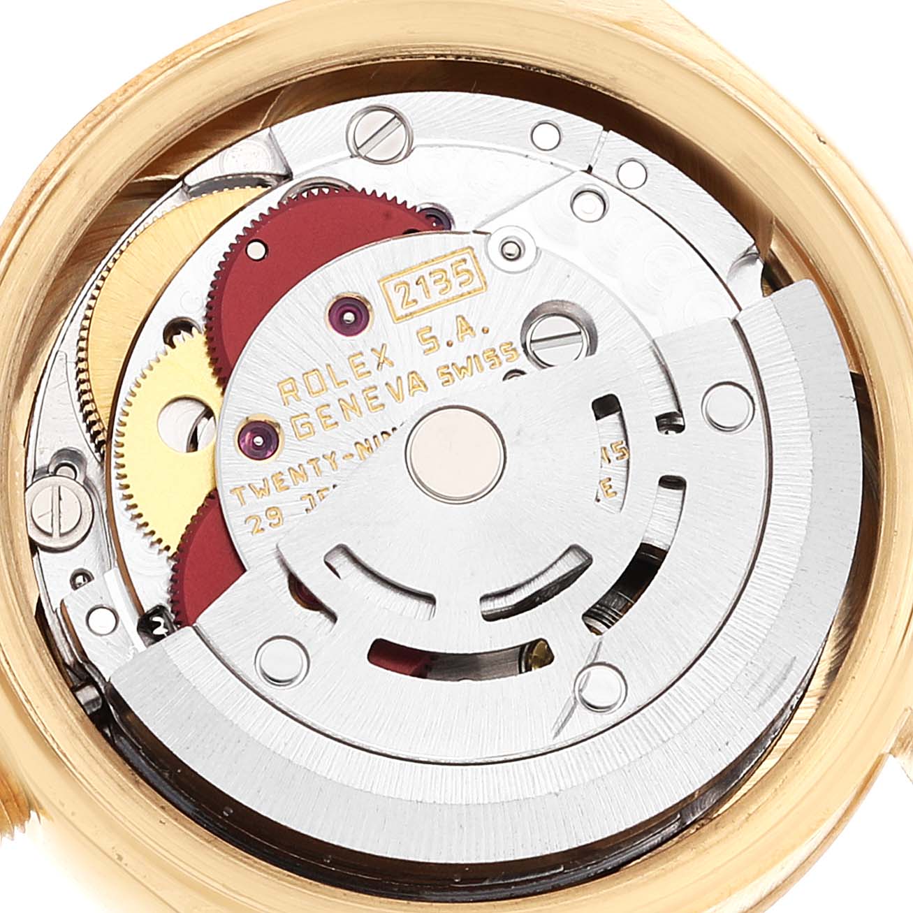 The image shows the movement and internal mechanical parts of a Rolex President 69178 Women
s Yellow Gold Champagne Dial 69178 Women
s Yellow Gold Champagne Dial watch from a close-up angle.