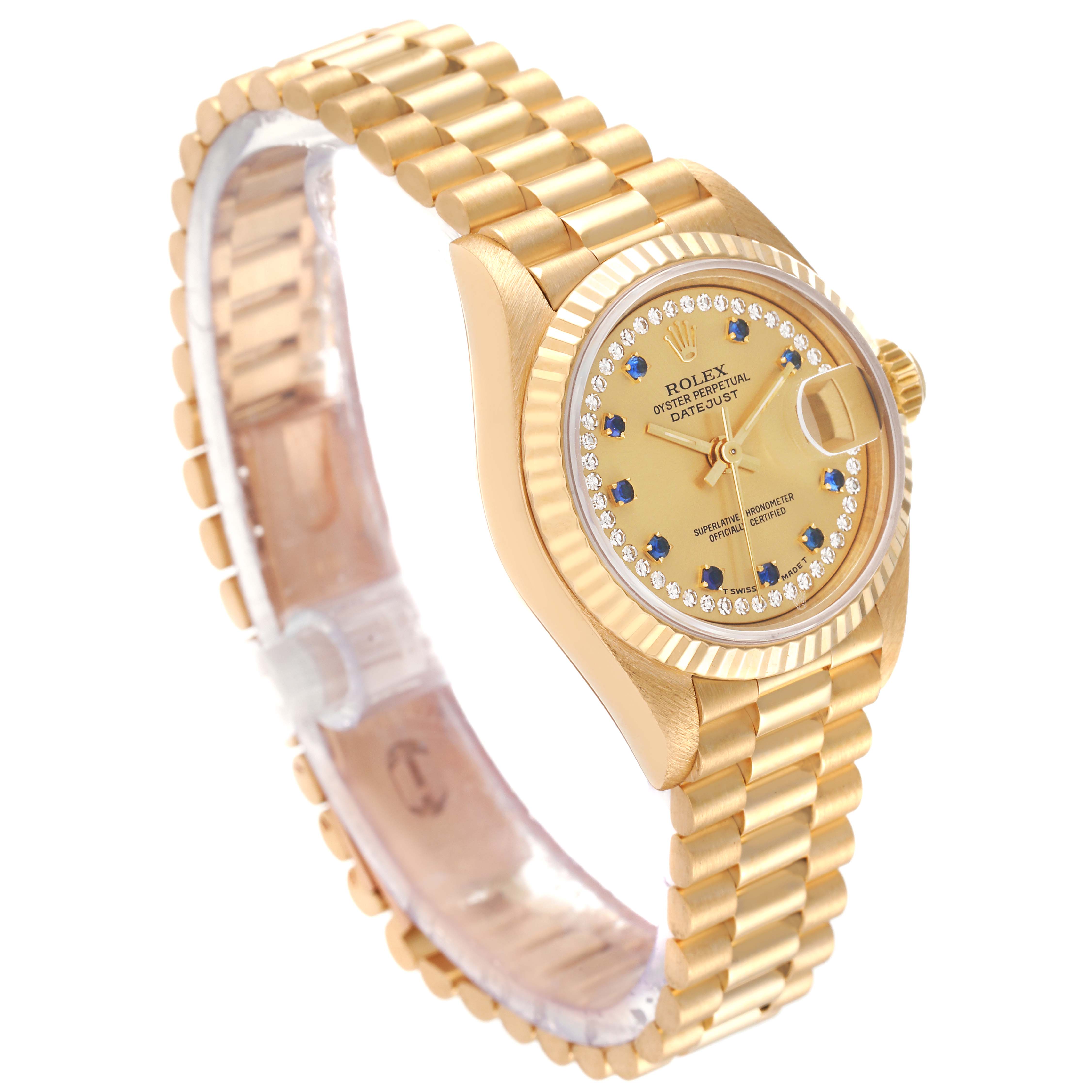 This image shows a side angle view of a gold Rolex President 69178 Women
s Yellow Gold Champagne Dial 69178 Women
s Yellow Gold Champagne Dial model watch, highlighting its bracelet and face with diamond markers.